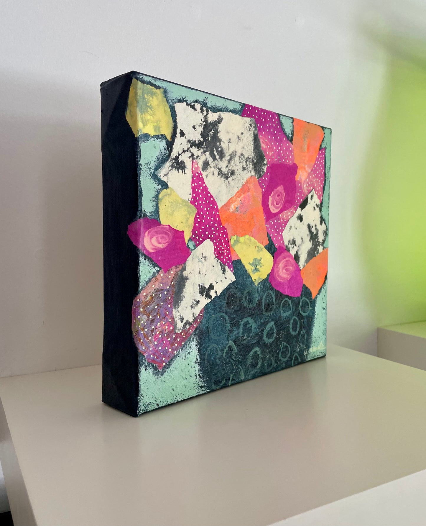 “Bowl Full Bloom” $165 8”x 8” acrylic paint and painted papers on gallery depth canvas