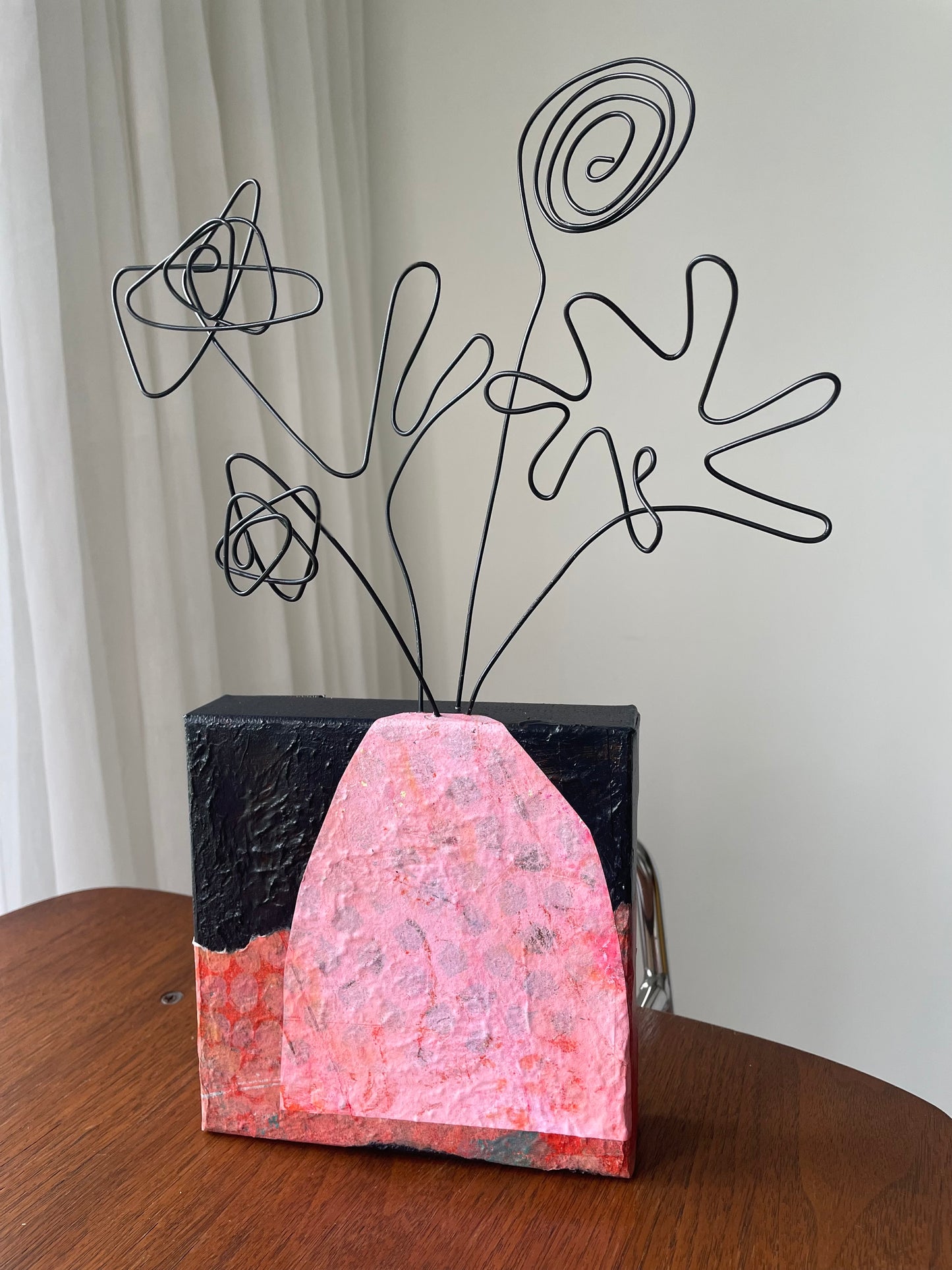 “Bloom, Scribble, Bloom, Bloom” $150- 6"x 6" canvas with wire doodle flowers emerging from the top