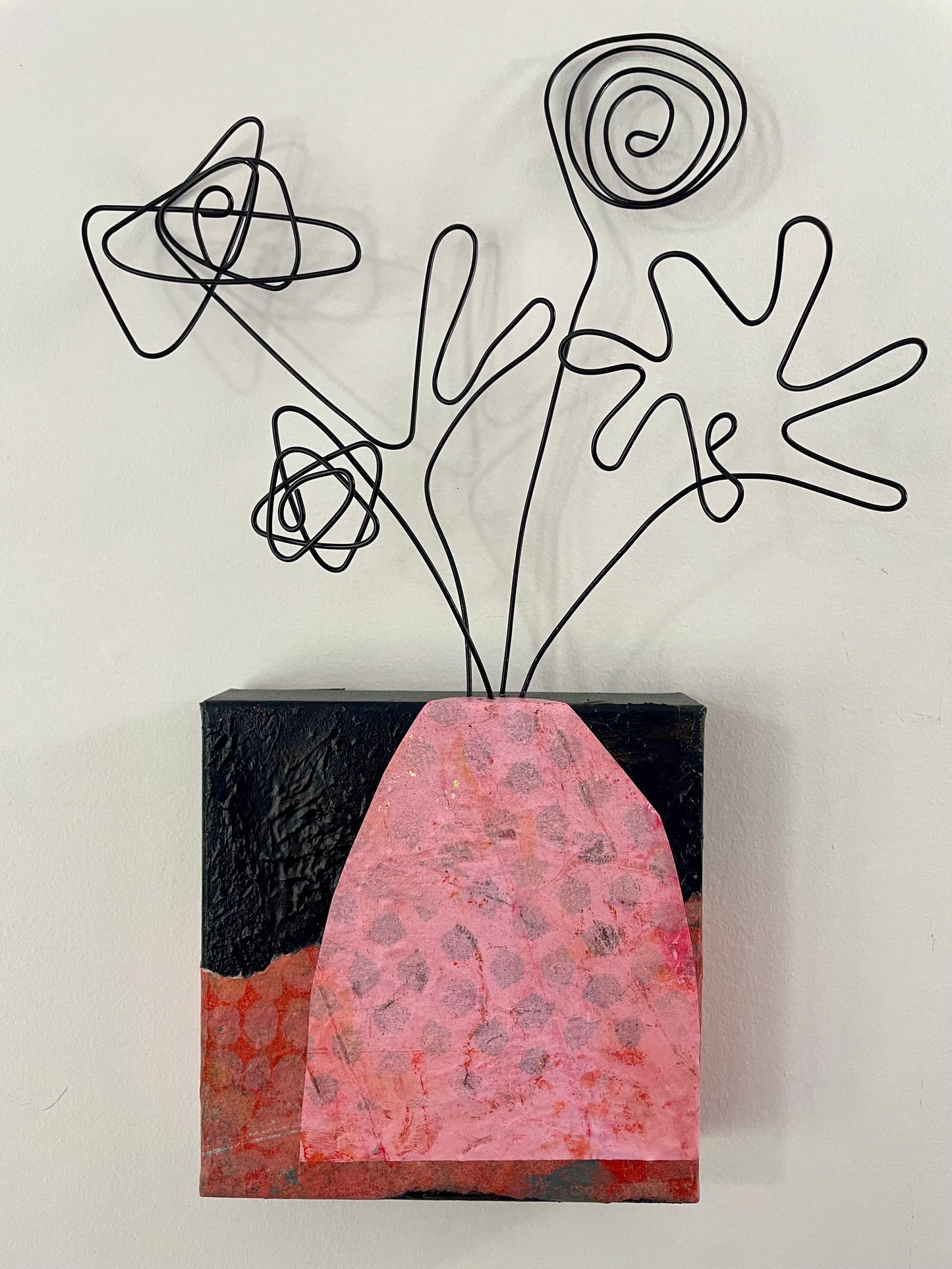 “Bloom, Scribble, Bloom, Bloom” $150- 6"x 6" canvas with wire doodle flowers emerging from the top