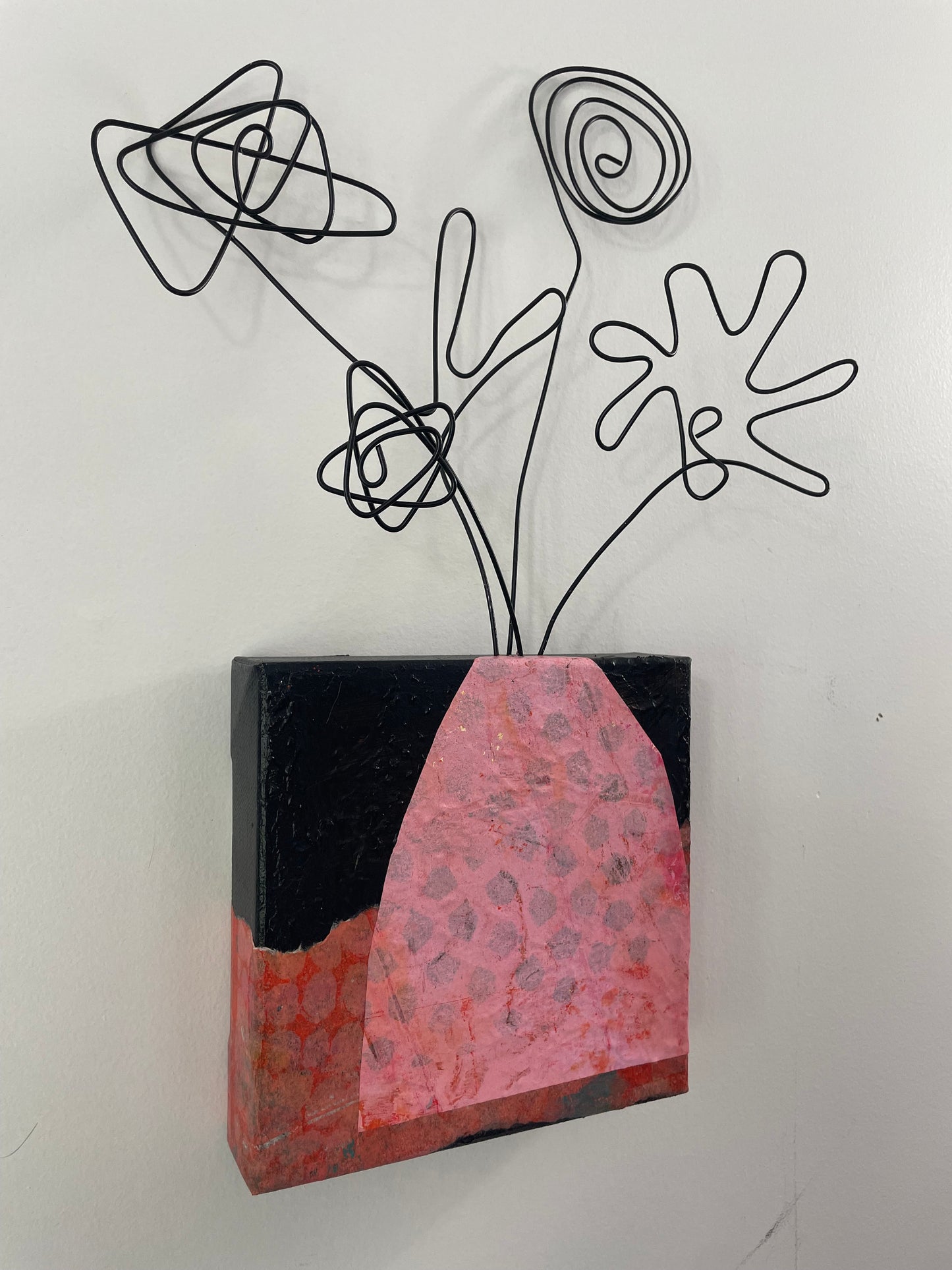 “Bloom, Scribble, Bloom, Bloom” $150- 6"x 6" canvas with wire doodle flowers emerging from the top