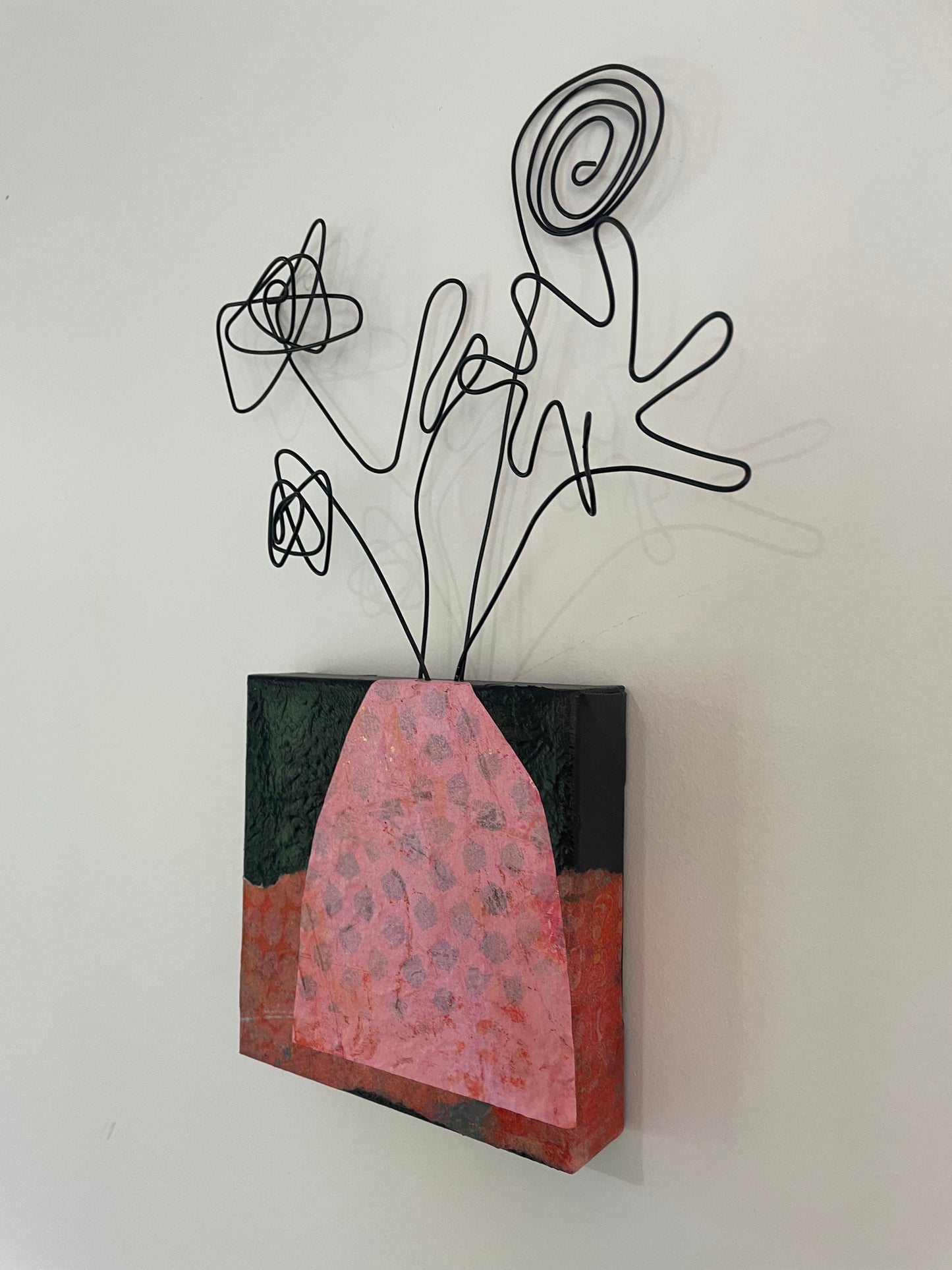 “Bloom, Scribble, Bloom, Bloom” $150- 6"x 6" canvas with wire doodle flowers emerging from the top