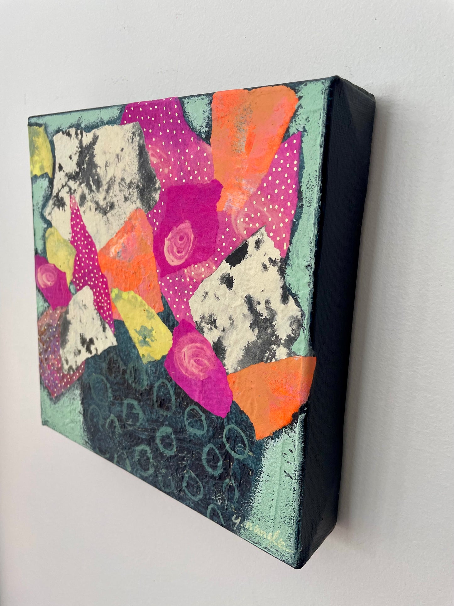 “Bowl Full Bloom” $165 8”x 8” acrylic paint and painted papers on gallery depth canvas