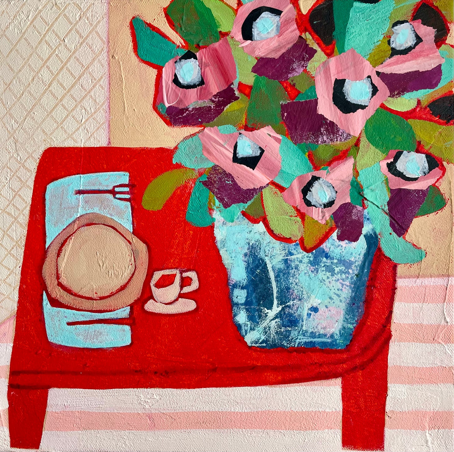 “Pink Flowers with Dinner” $350 - 12"x 12" Acrylic on canvas