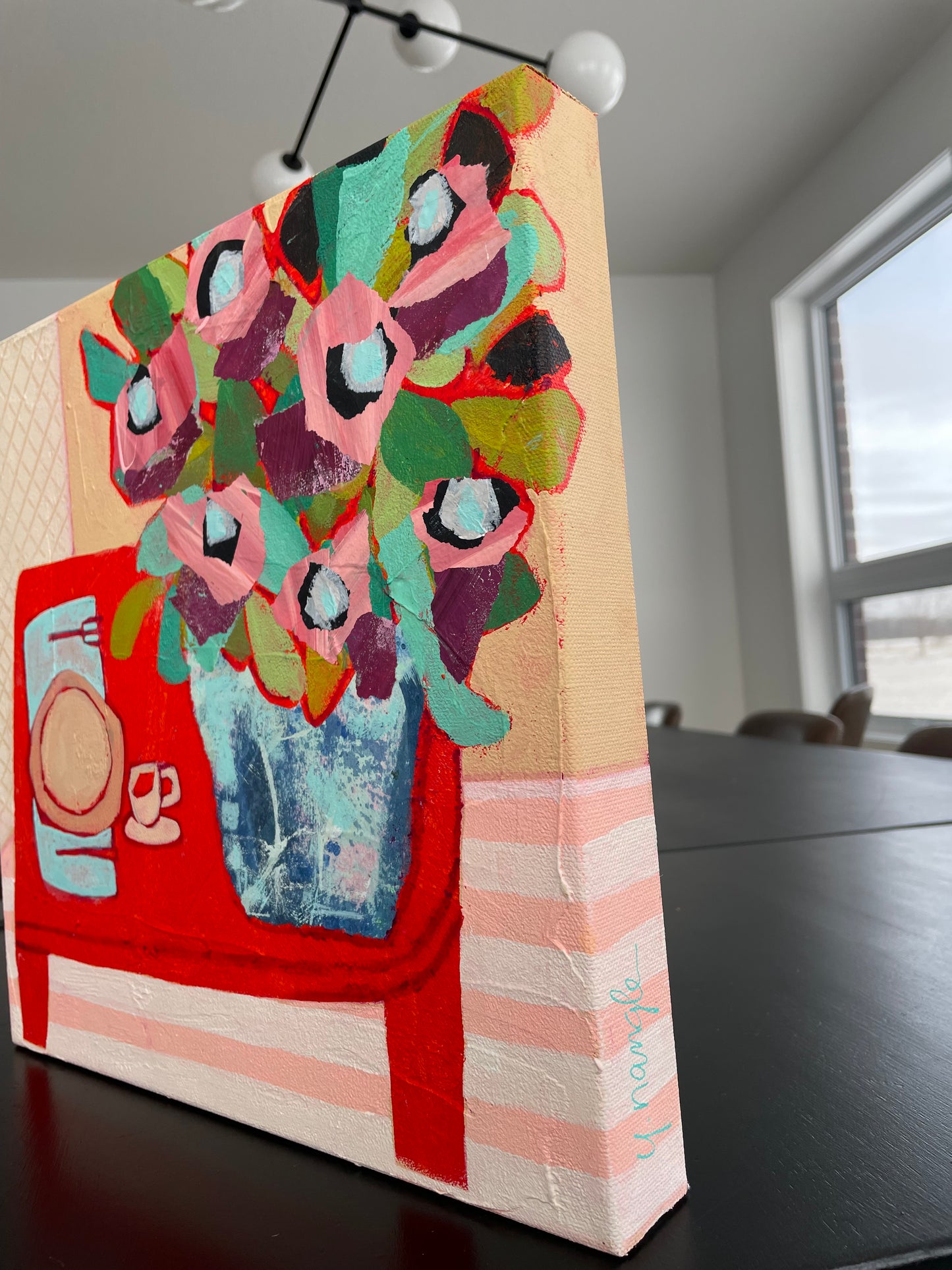 “Pink Flowers with Dinner” $350 - 12"x 12" Acrylic on canvas