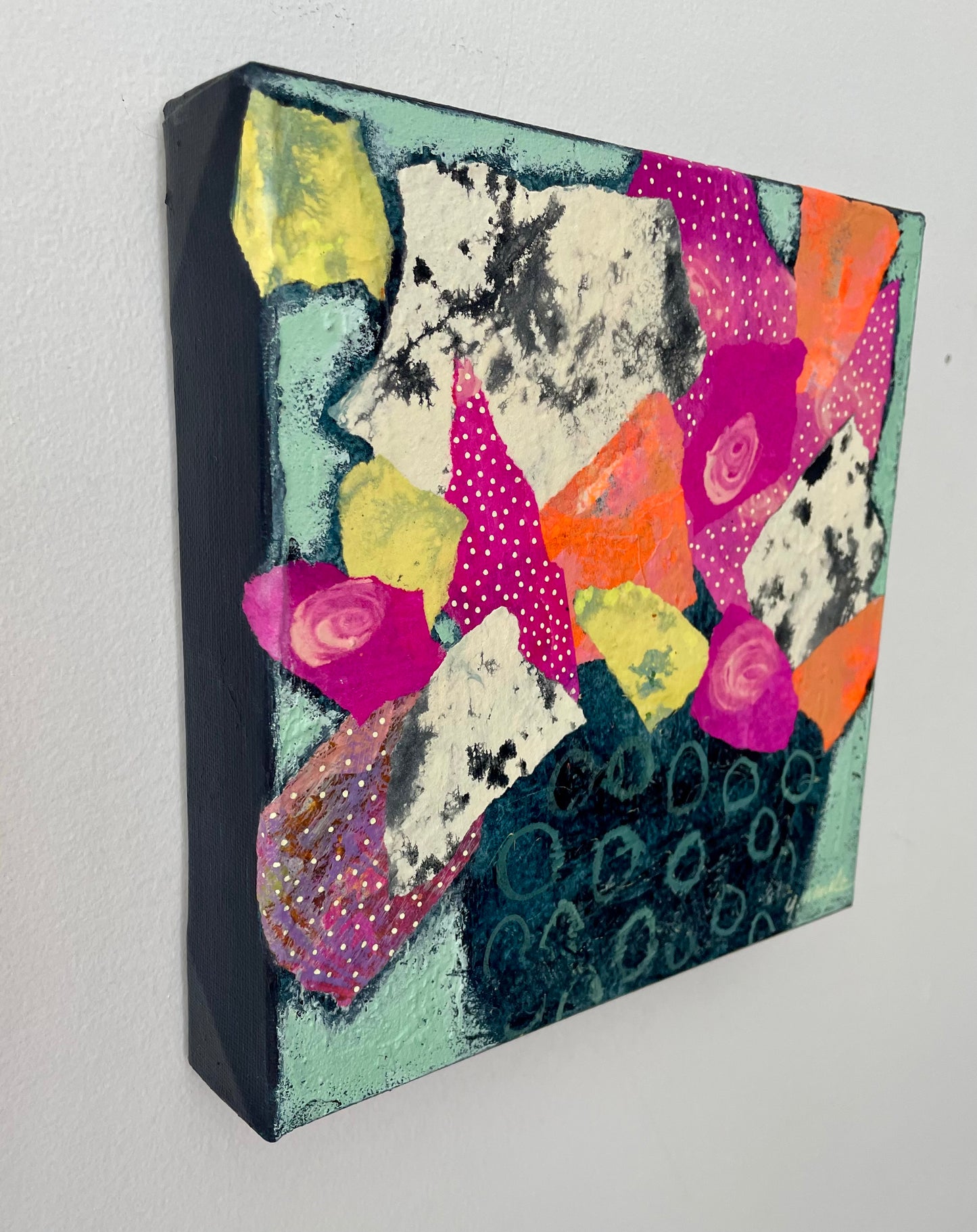 “Bowl Full Bloom” $165 8”x 8” acrylic paint and painted papers on gallery depth canvas