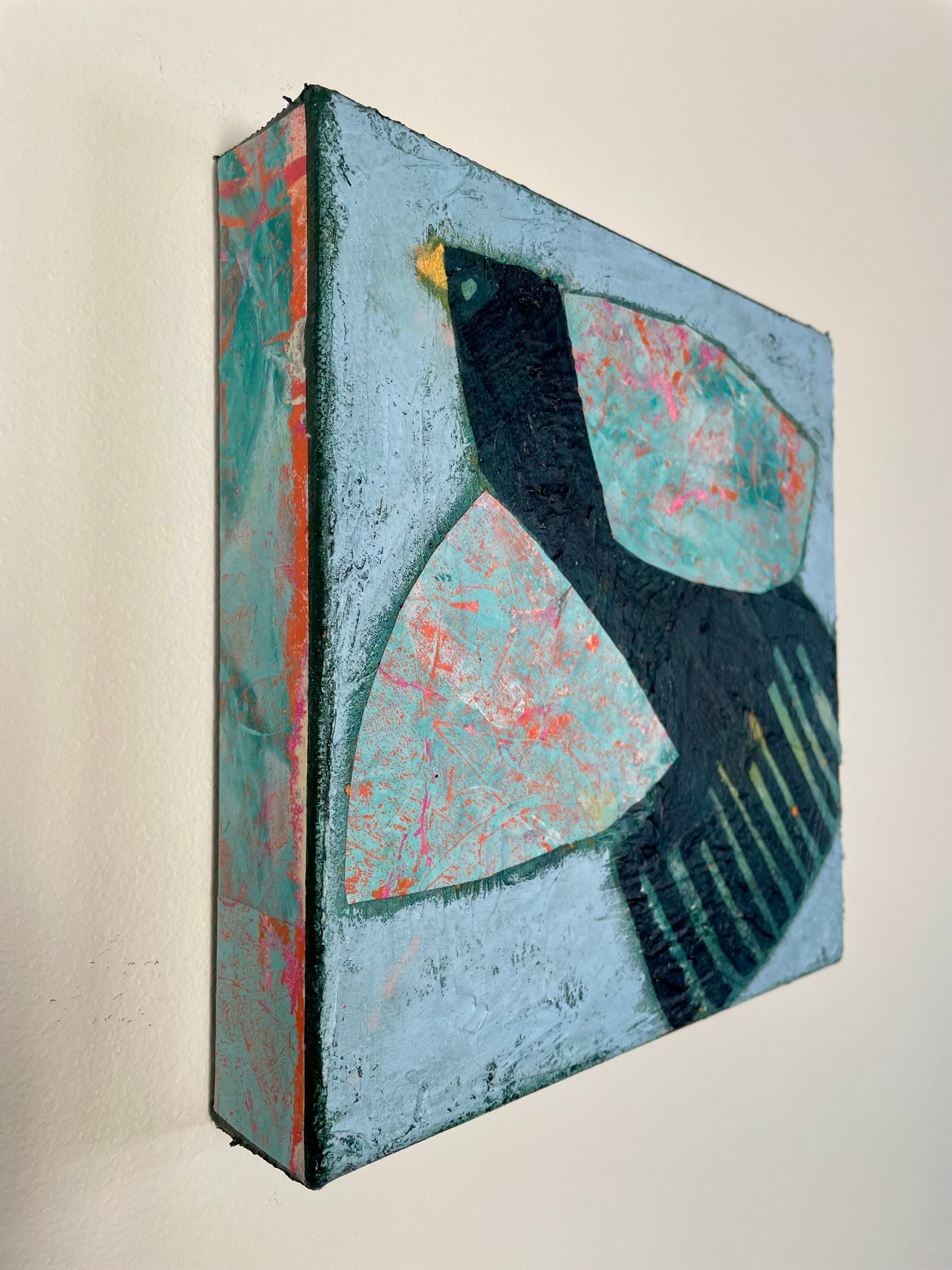 Take This Moment To arise abstract bird painting shown hanging on a wall