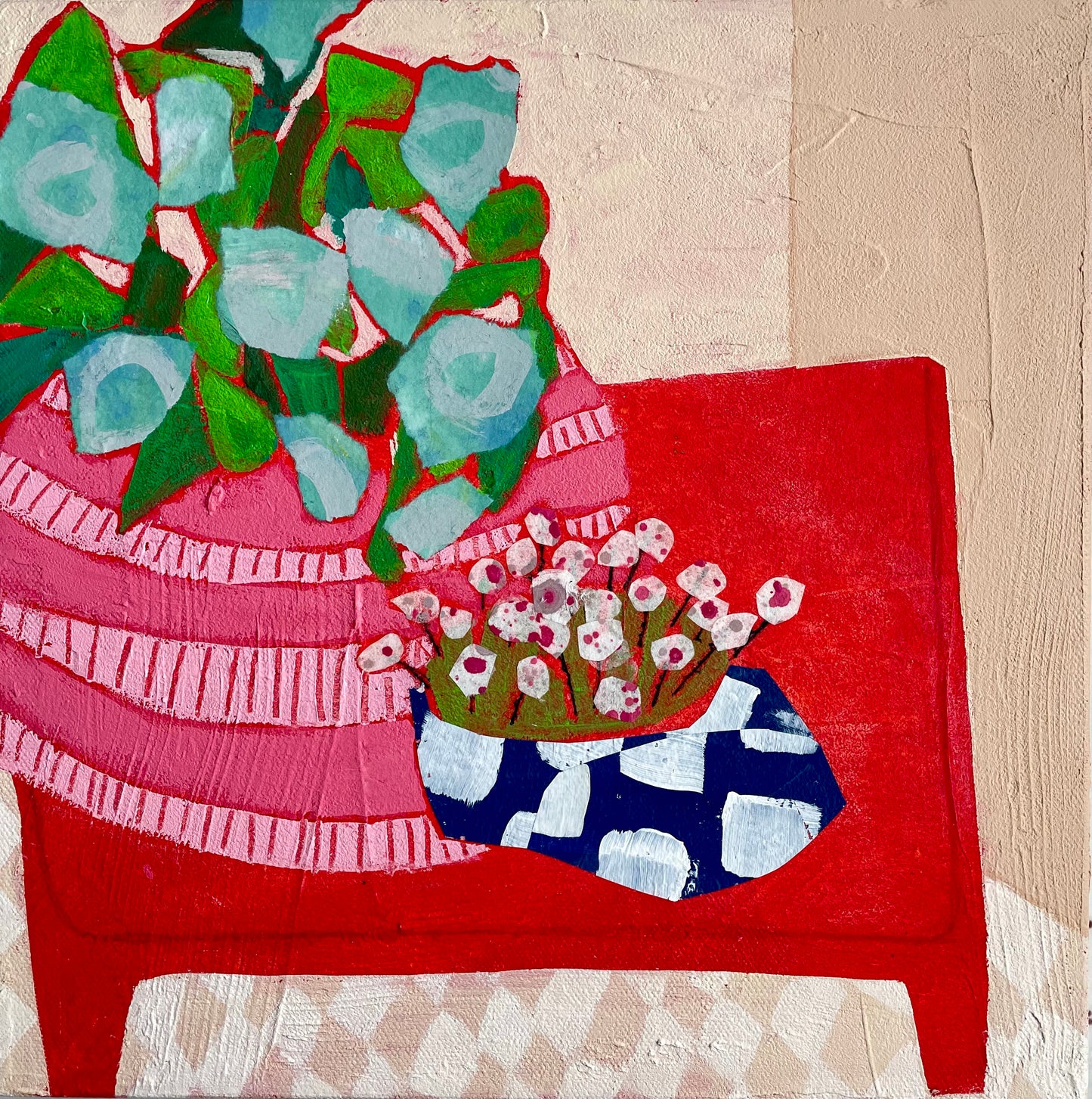 Red Table Floral Conversations” $350 - 12"x 12" Acrylic on canvas