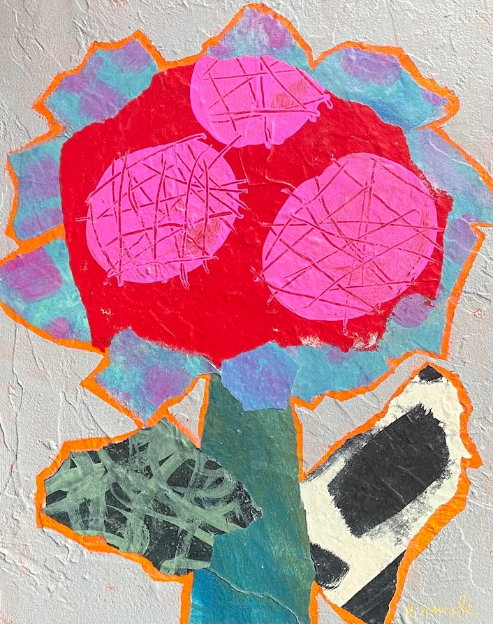 Bloomy Morning by Yvonne Nangle. 8 x 10 inch abstract floral painting with paper collage. Original acrylic artwork on mounted canvas.