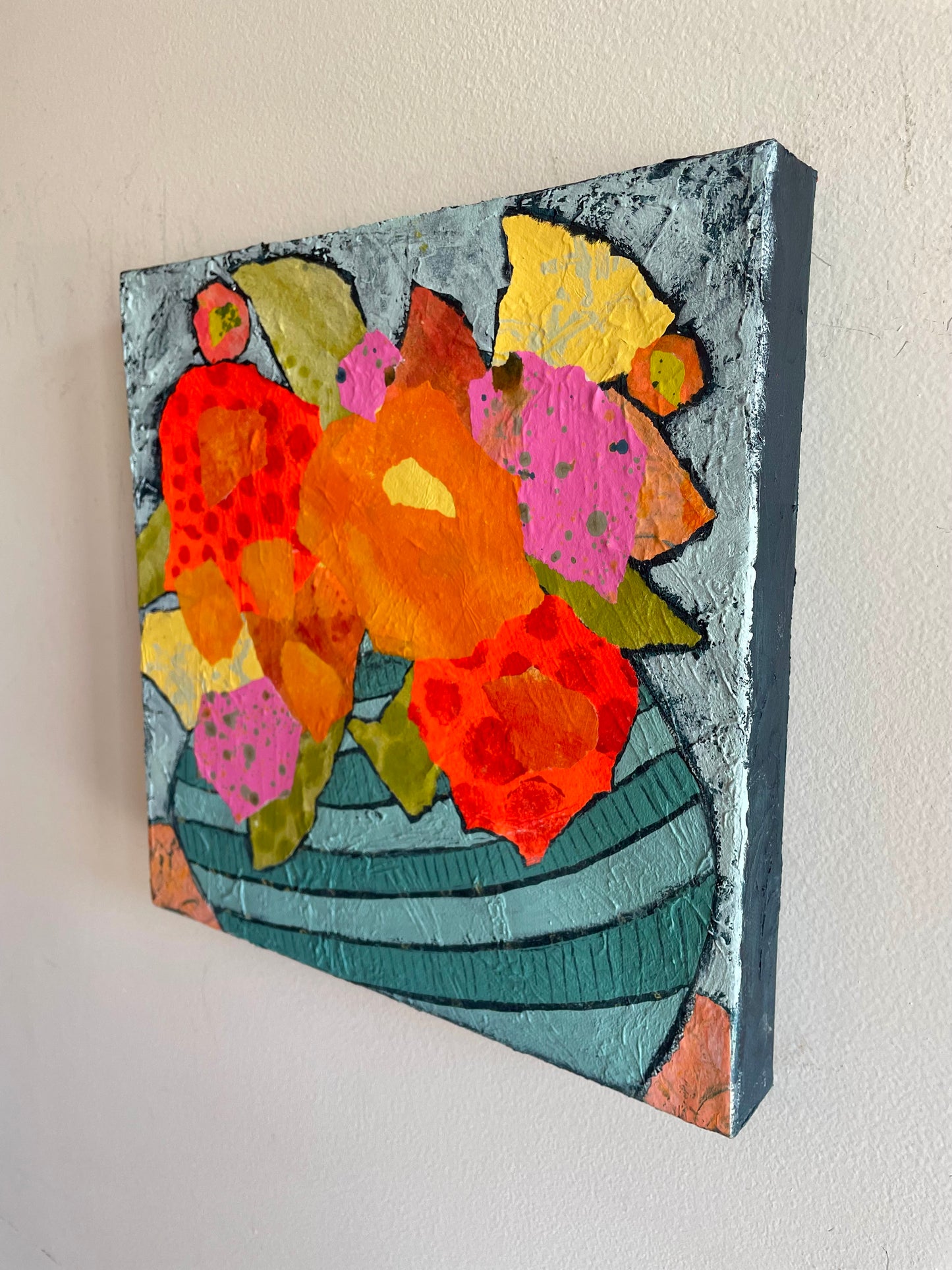 ”Botanical Boogie” $350 - 12"x 12" mixed media Acrylic and painted papers on canvas