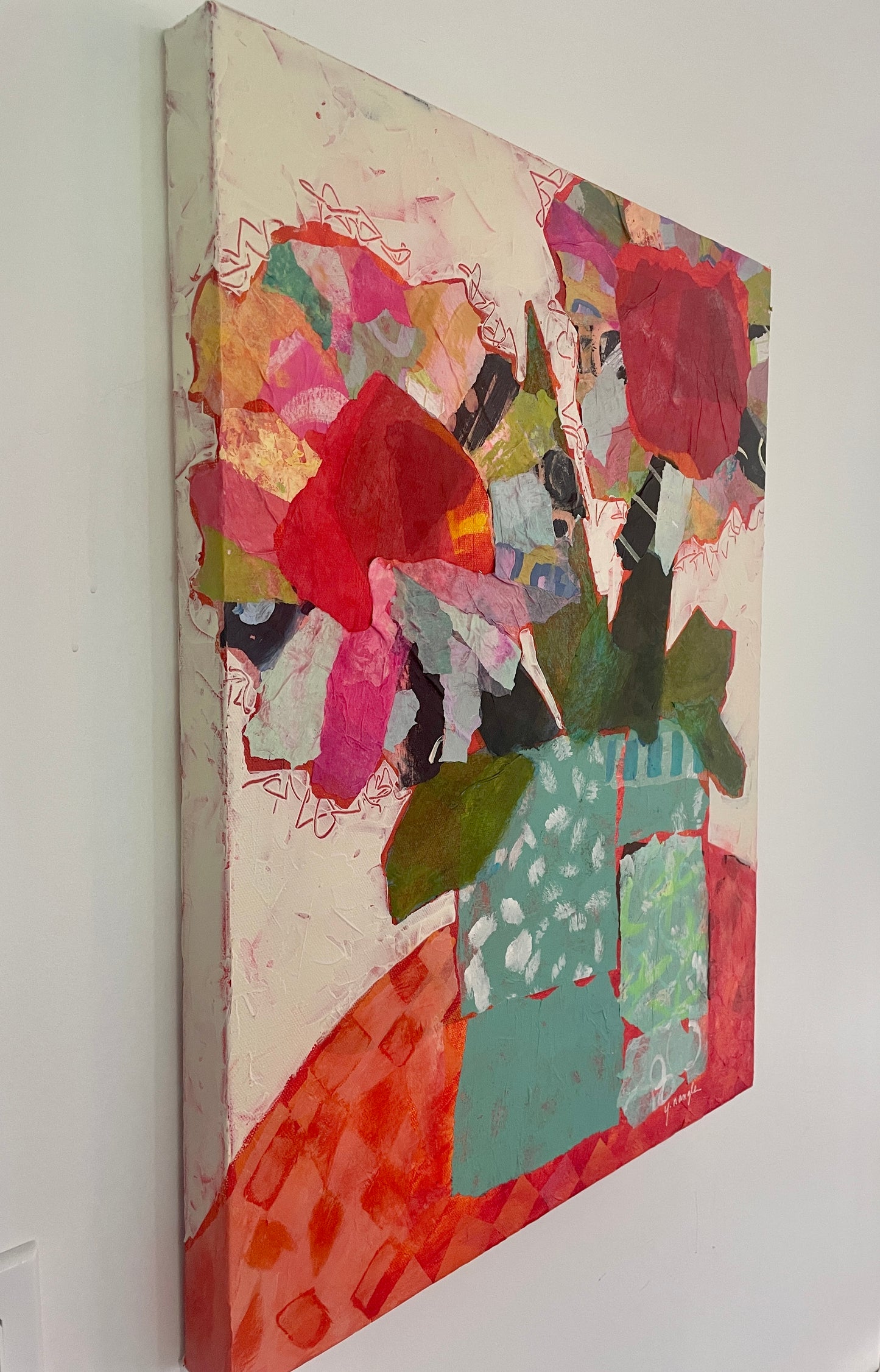 "Capturing Excitement in a Teal Vase" $670.00 - 18"x 24" Mixed media on gallery depth canvas