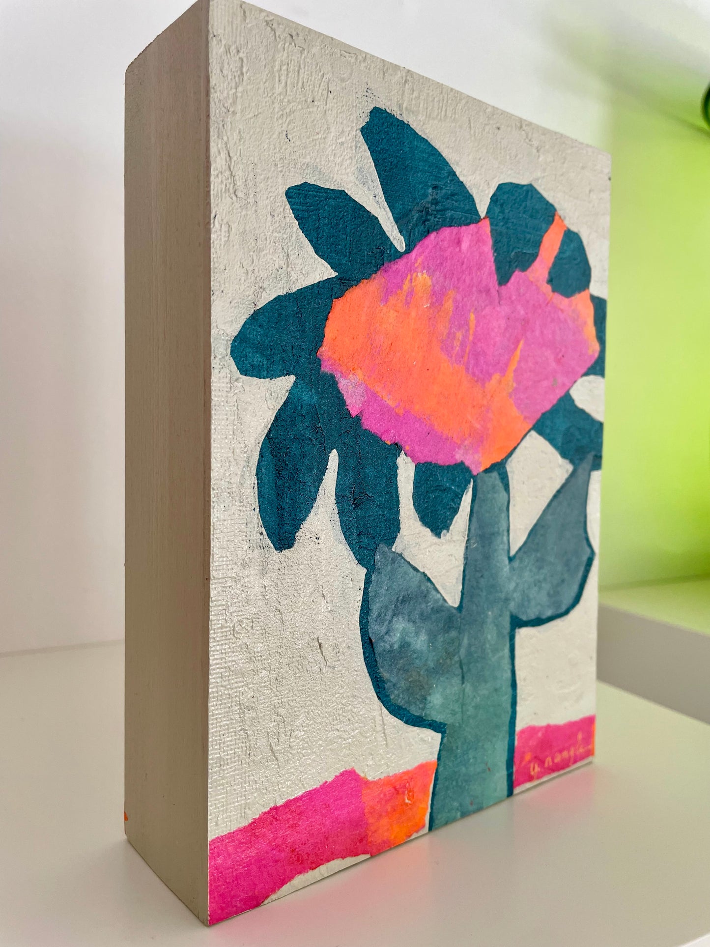 "Hello Orange and Green" $90 5”x 7” acrylic paint and painted papers on gallery depth wooden canvas