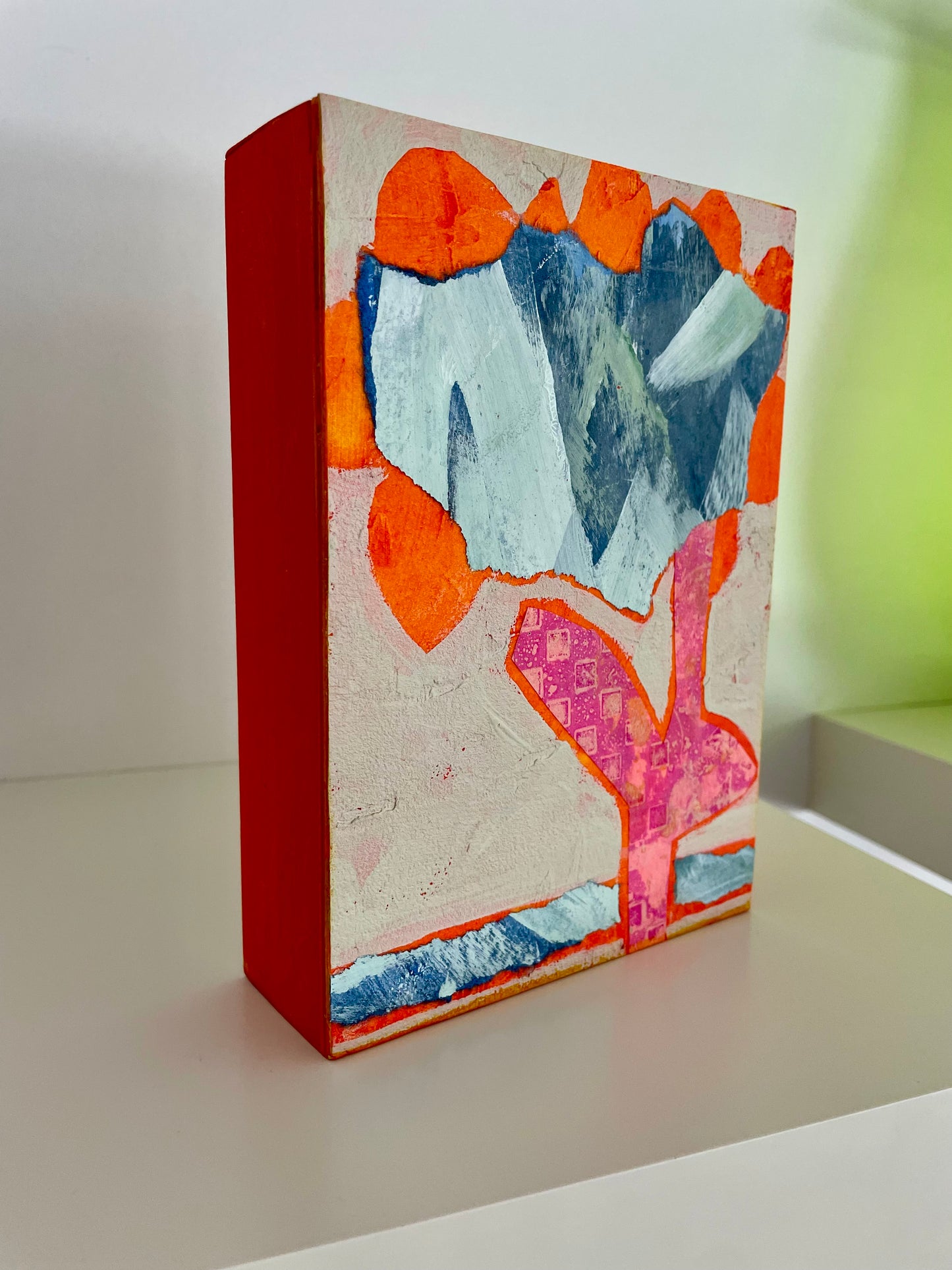 "Hello Orange" $90 5”x 7” acrylic paint and painted papers on gallery depth wooden canvas