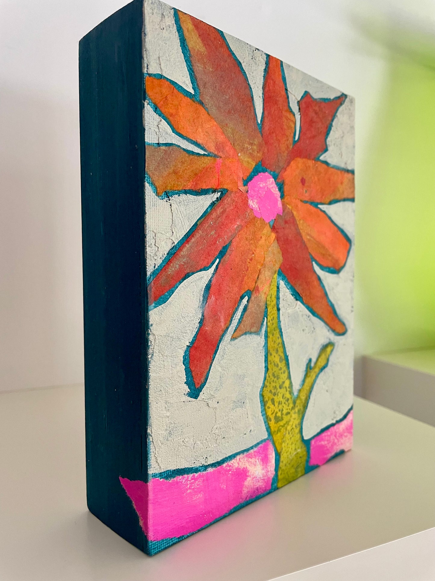 "Hello Orange" $90 5”x 7” acrylic paint and painted papers on gallery depth wooden canvas