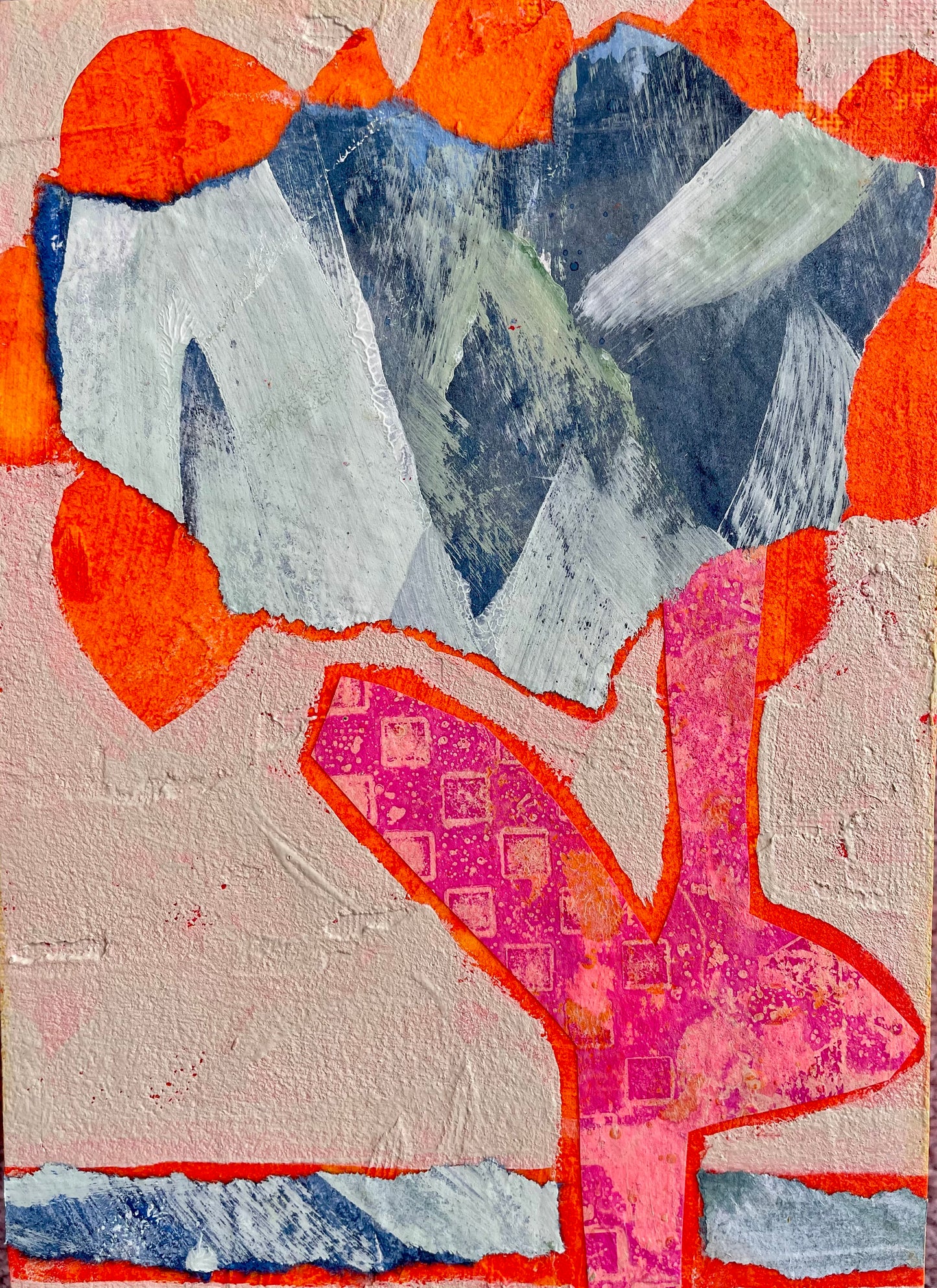 "Hello Orange" $90 5”x 7” acrylic paint and painted papers on gallery depth wooden canvas