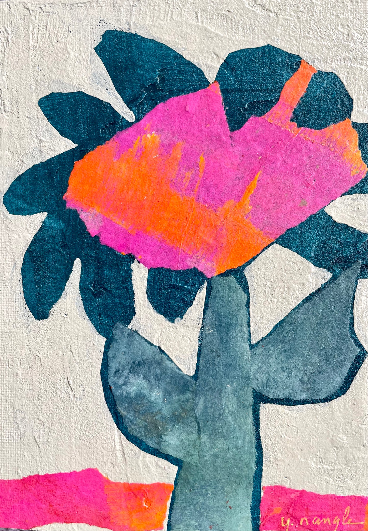 "Hello Orange and Green" $90 5”x 7” acrylic paint and painted papers on gallery depth wooden canvas