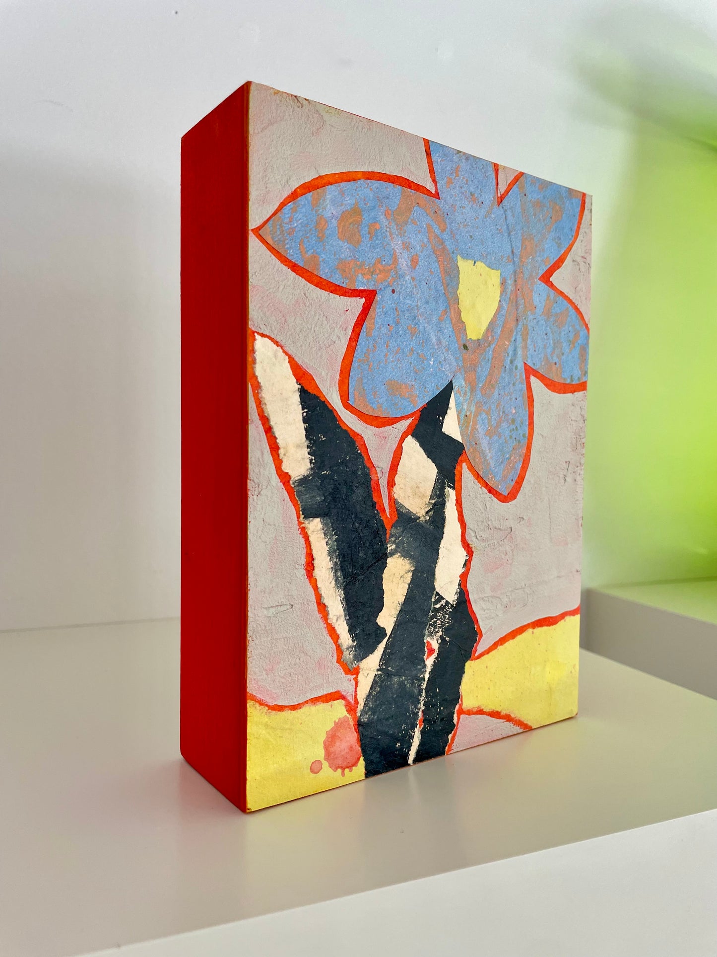 "Hello Blue Plaid" $90 5”x 7” acrylic paint and painted papers on gallery depth wooden canvas