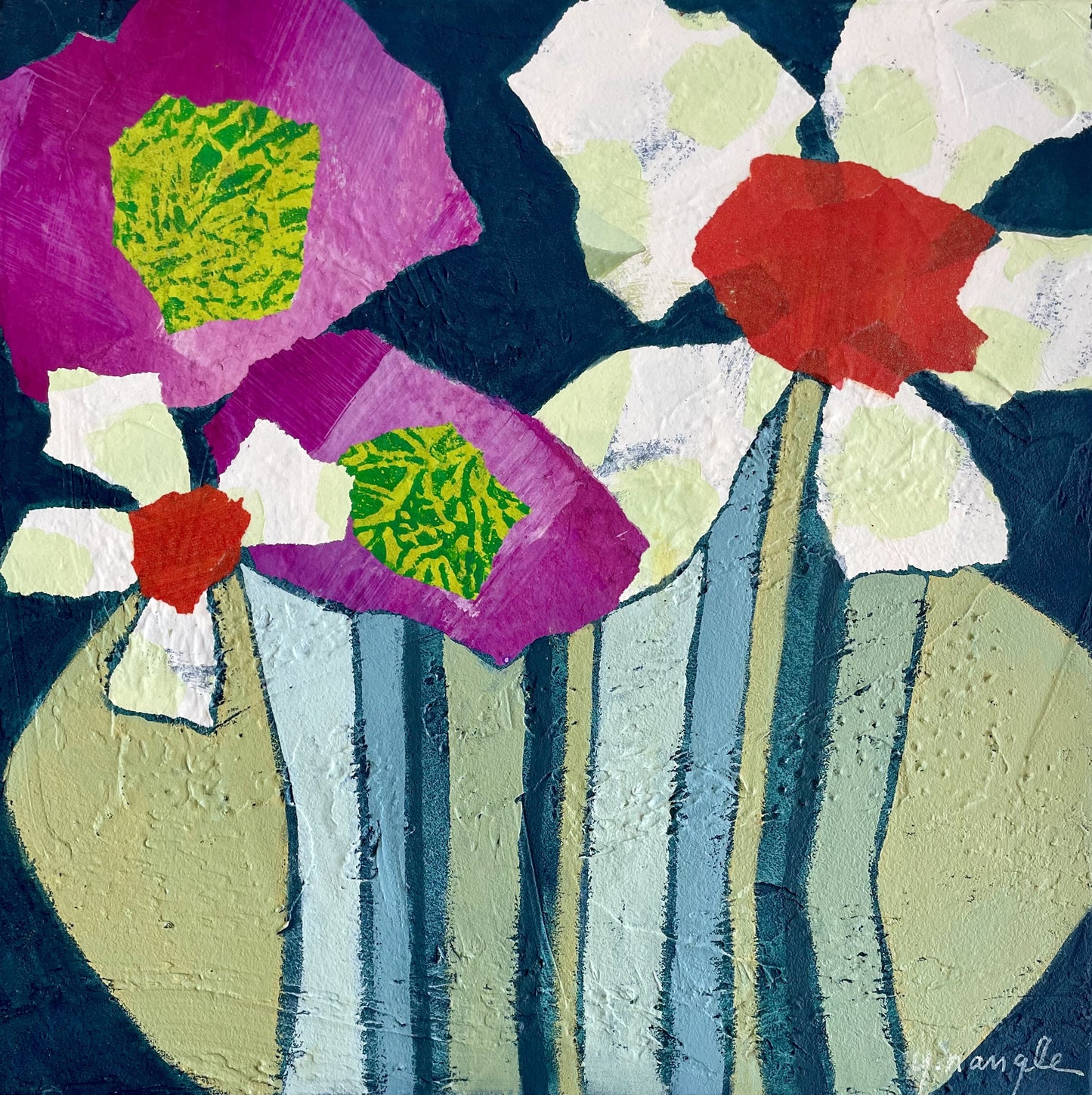 ”In Harmony” $350 - 12"x 12" mixed media Acrylic and painted papers on canvas