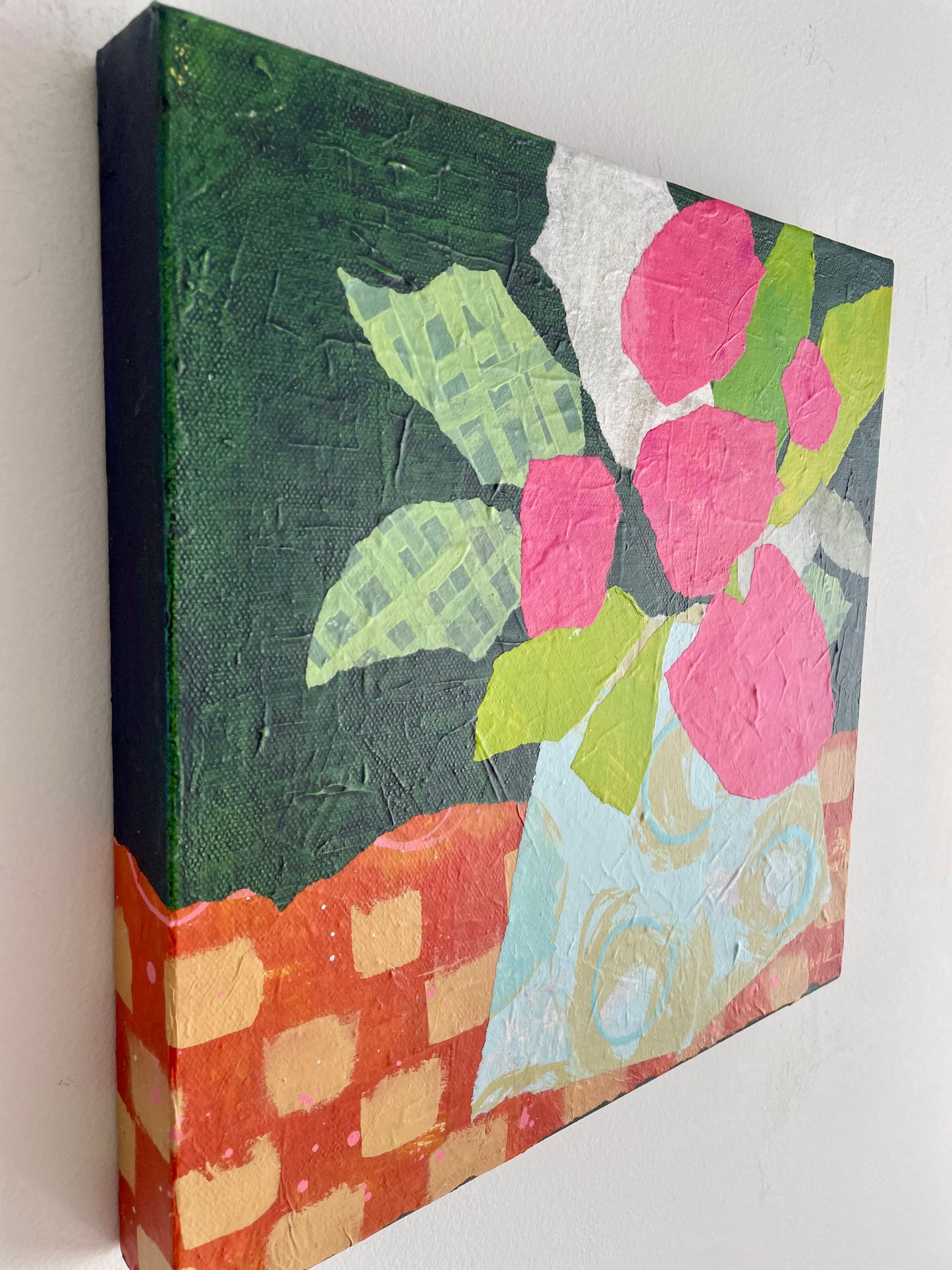 ”Petals and Patterns” $350 - 12"x 12" mixed media Acrylic and painted papers on canvas