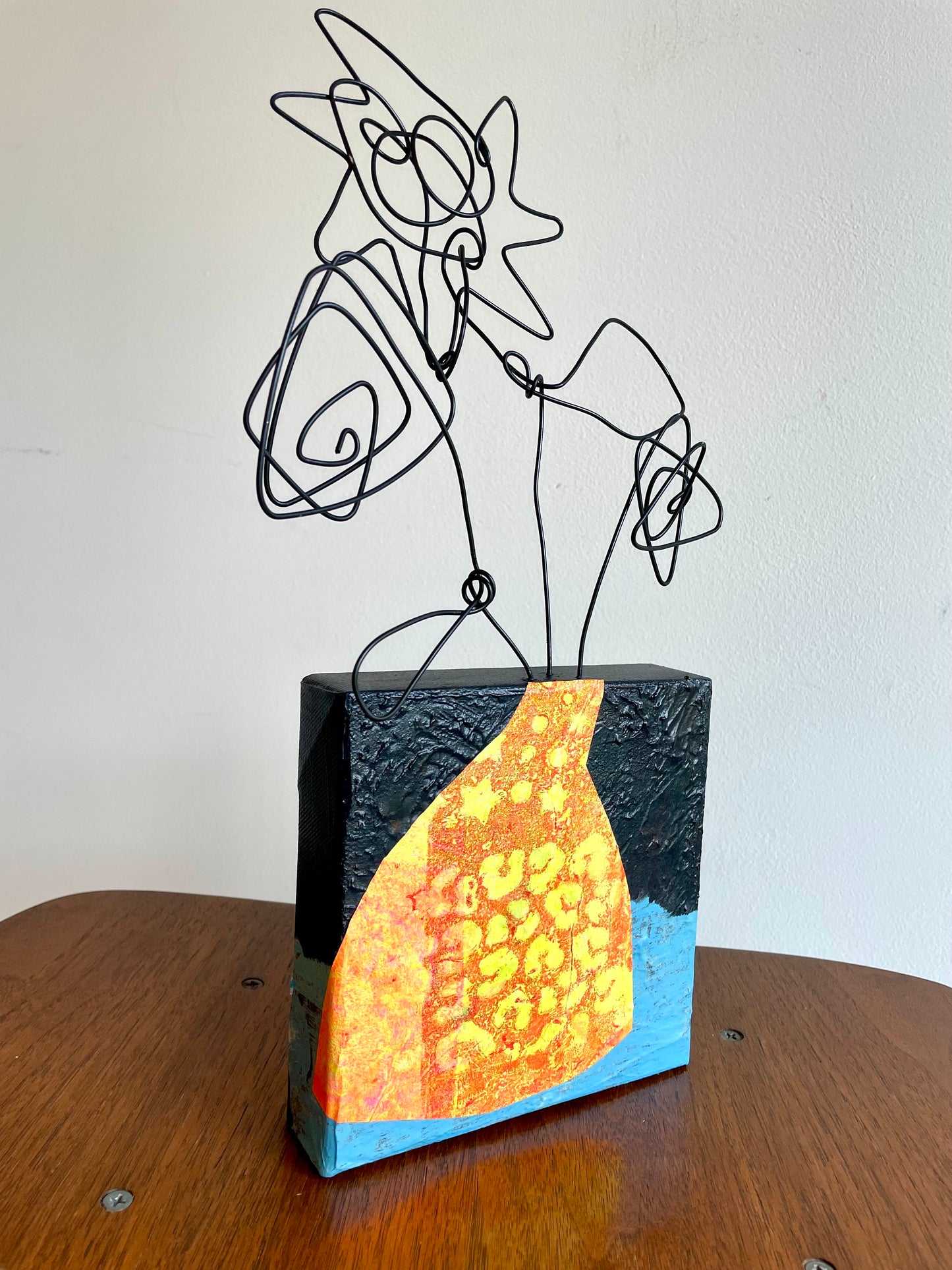“Tiny Bloom, Big Mood” $150- 6"x 6" canvas with wire doodle flowers emerging from the top