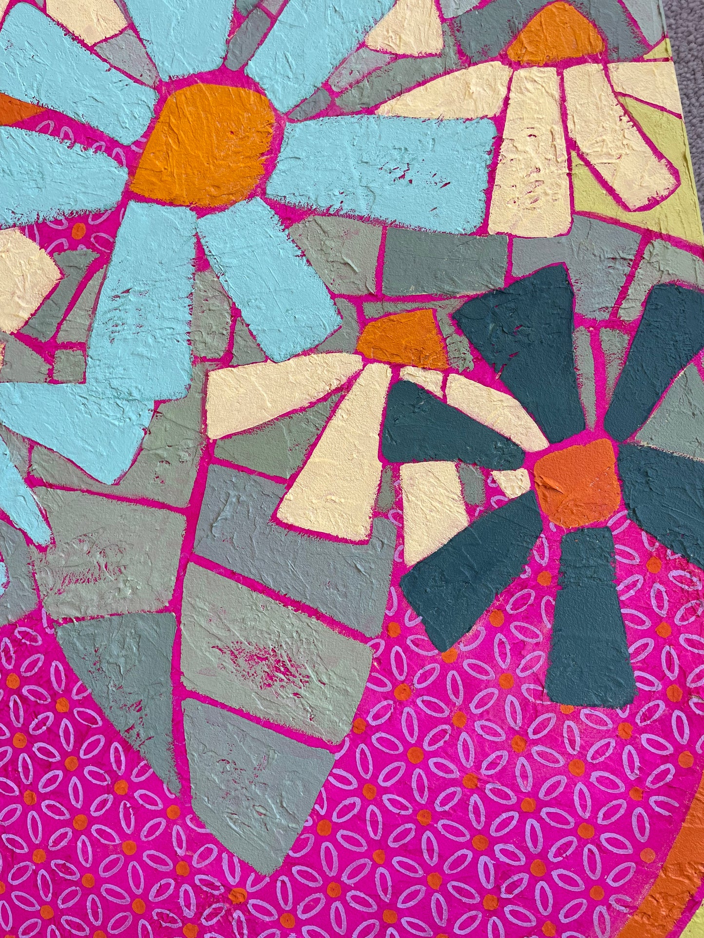 "Big Daisy Energy in a Hot Pink Bowl" $765 24"x 24" acrylic on gallery depth canvas
