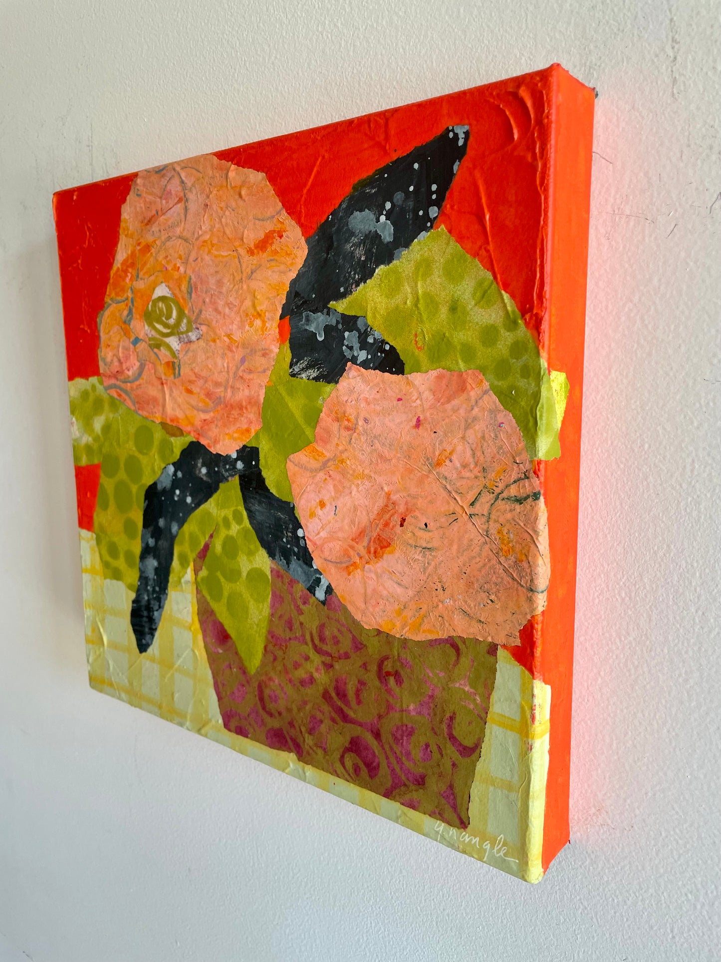 ”Orange Sorbet” $350 - 12"x 12" mixed media Acrylic and painted papers on canvas