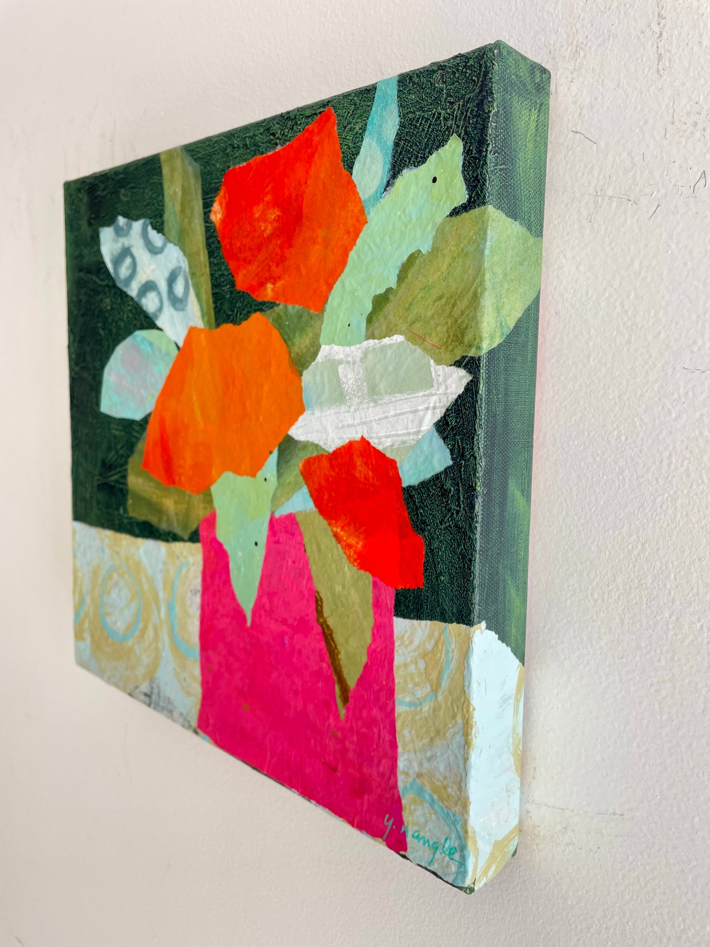 ”Bright Vibe Blooms” $350 - 12"x 12" mixed media Acrylic and painted papers on canvas