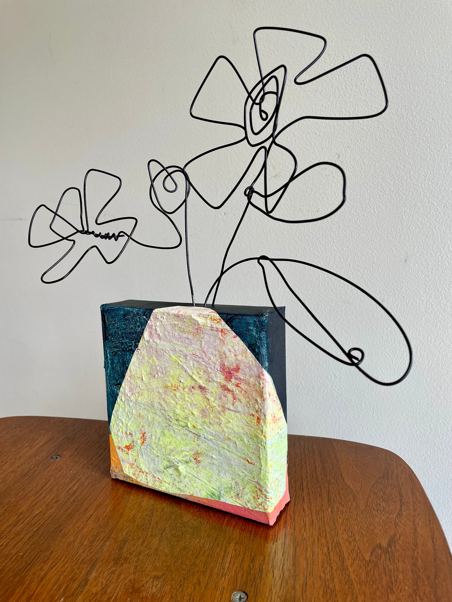 “Doodle Bloom Blossom McQuirk” $150- 6"x 6" canvas with wire doodle flowers emerging from the top