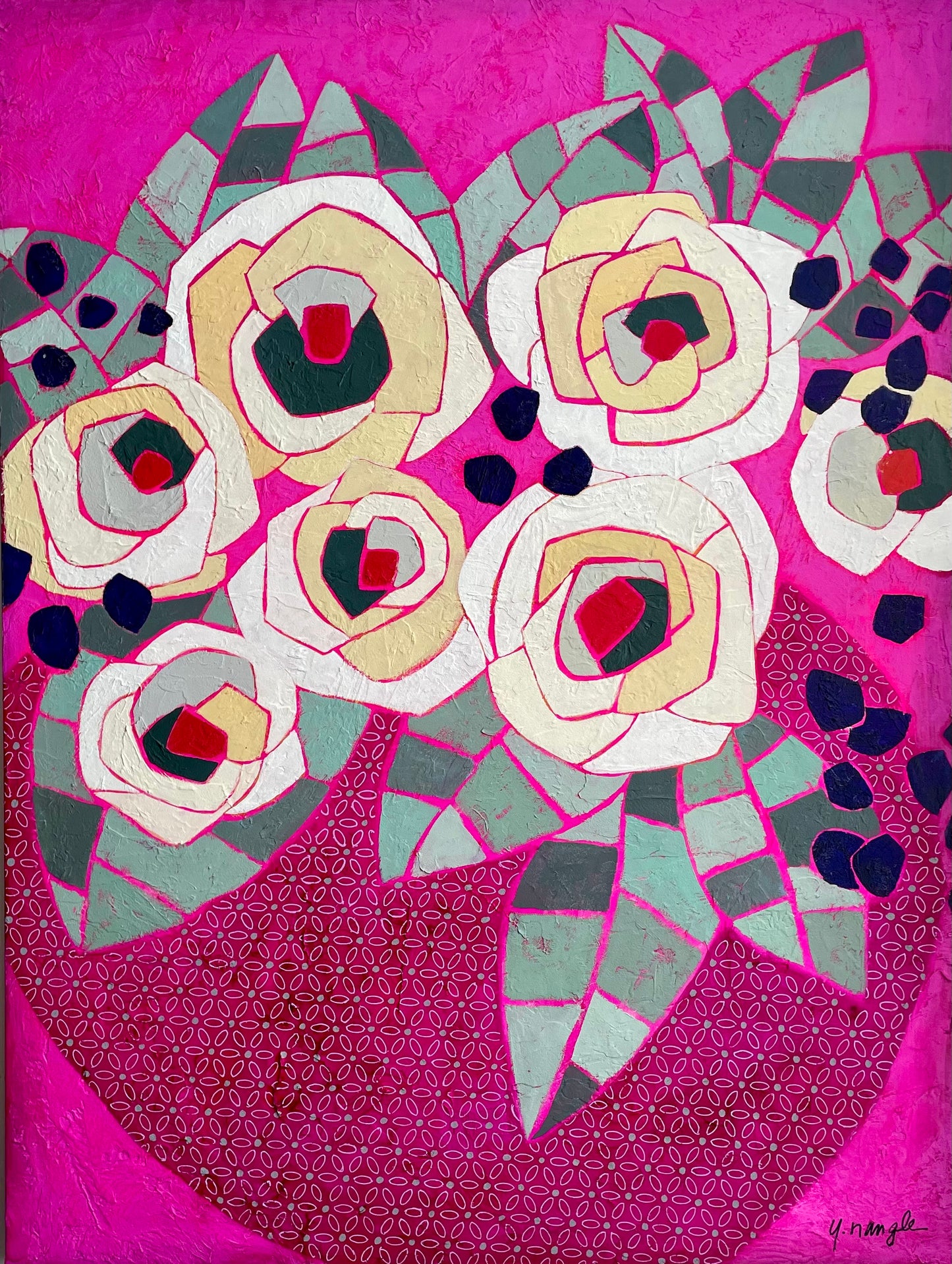 “Hot Pink White Roses" $1400 - 30"x 40" Acrylic on gallery depth canvas
