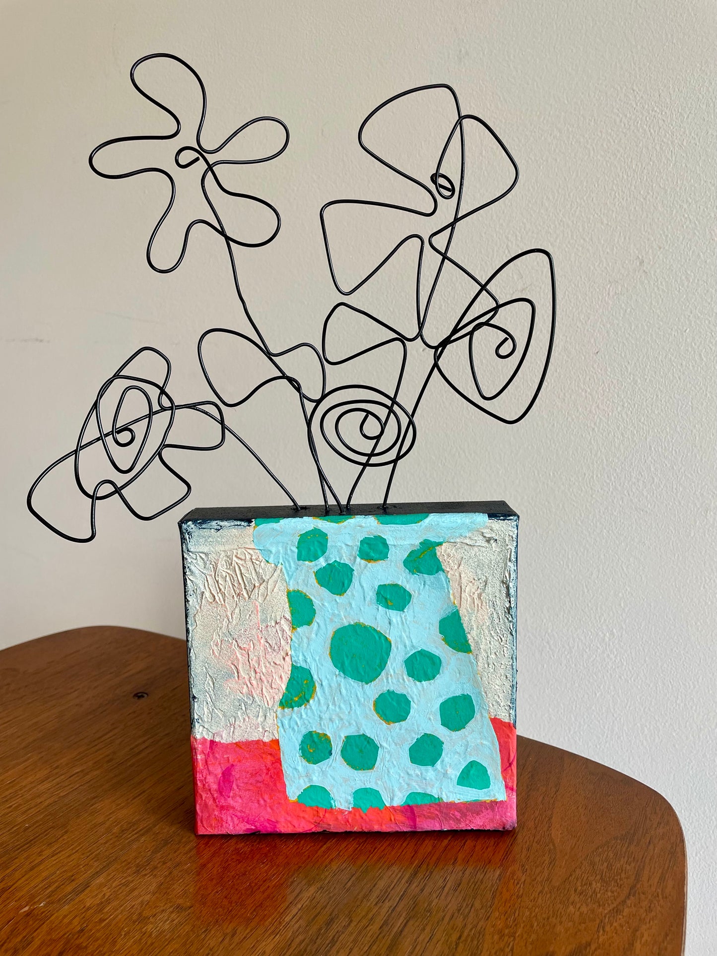 “Doodle Bloom Out of the Vase ” $150- 6"x 6" canvas with wire doodle flowers emerging from the top