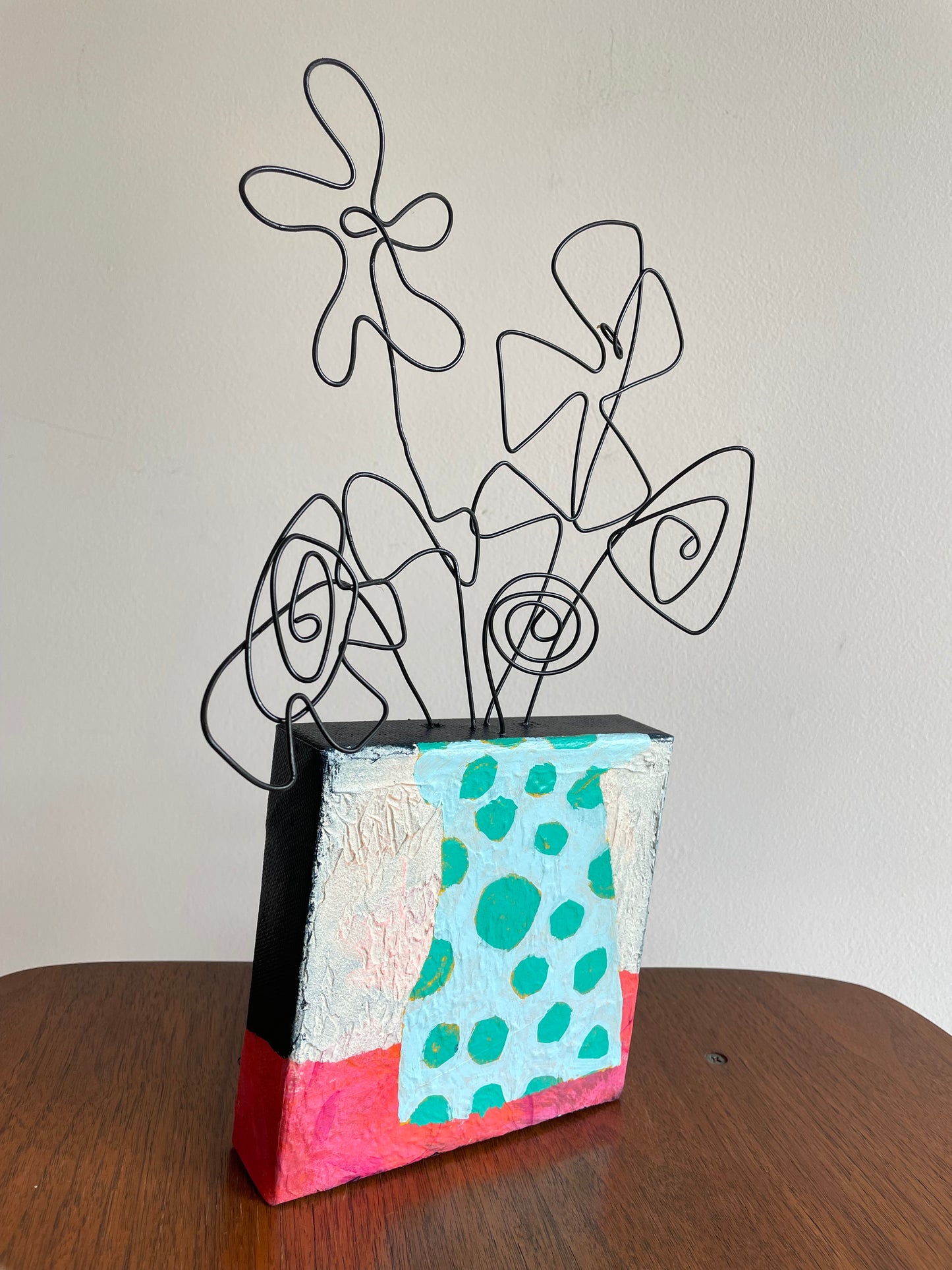 “Doodle Bloom Out of the Vase ” $150- 6"x 6" canvas with wire doodle flowers emerging from the top