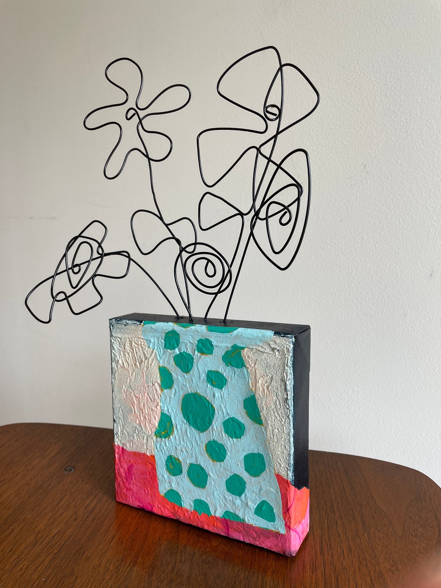“Doodle Bloom Out of the Vase ” $150- 6"x 6" canvas with wire doodle flowers emerging from the top