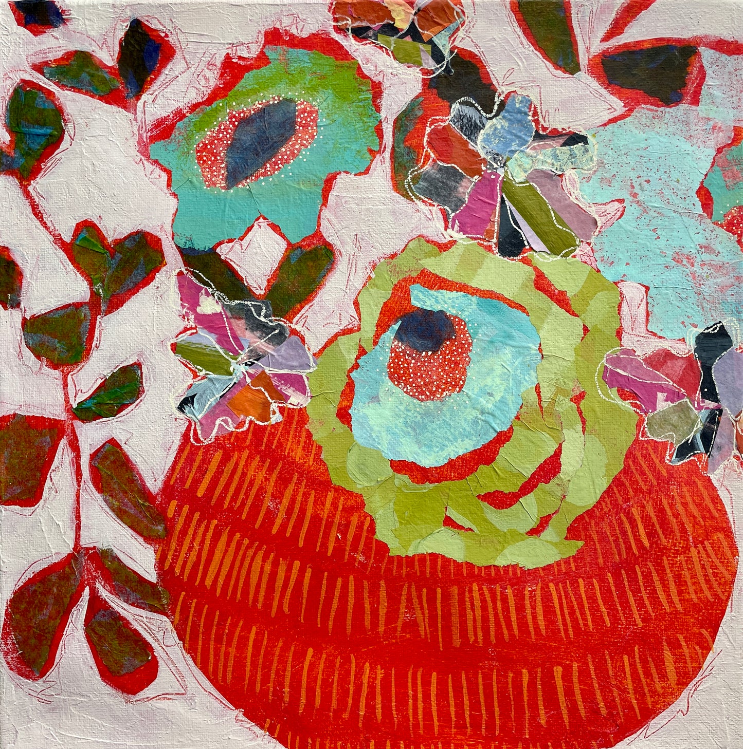 “Capturing Happiness in an Orange Vase” $350- 12"x 12" Acrylic on canvas