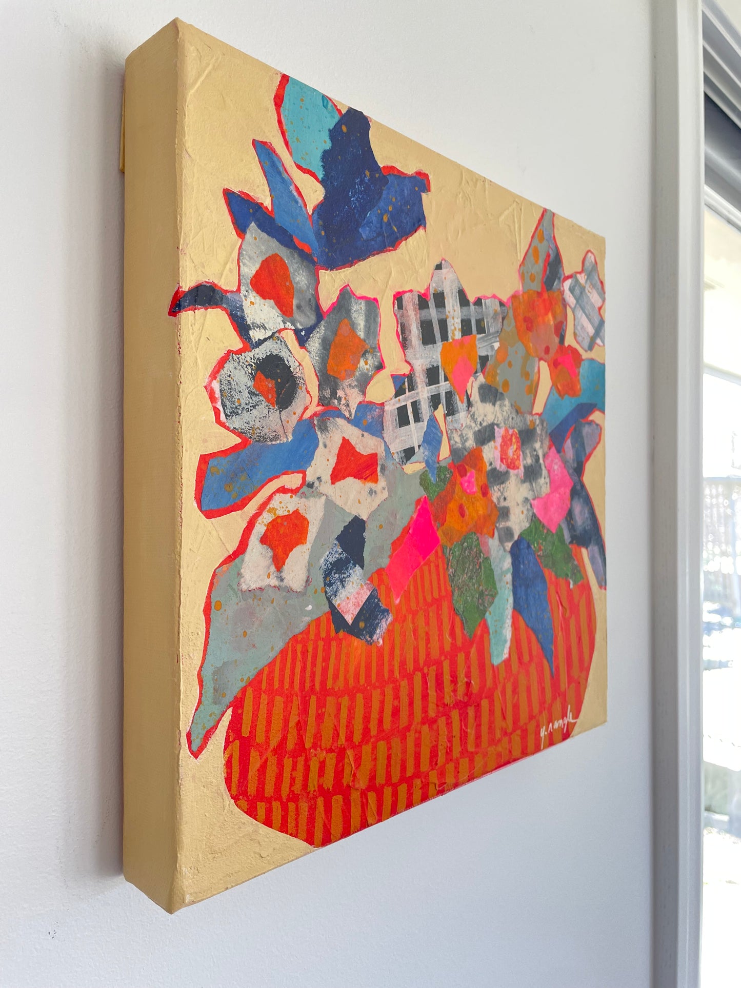 ”Blooming Plaid”  $350 - 12"x 12" mixed media Acrylic and painted papers on canvas