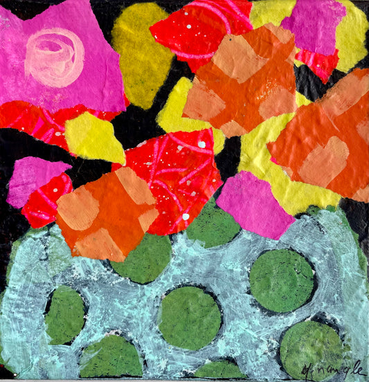 “Multi Mini Bloom”  $65- 6"x 6" mixed media Acrylic and painted papers on canvas