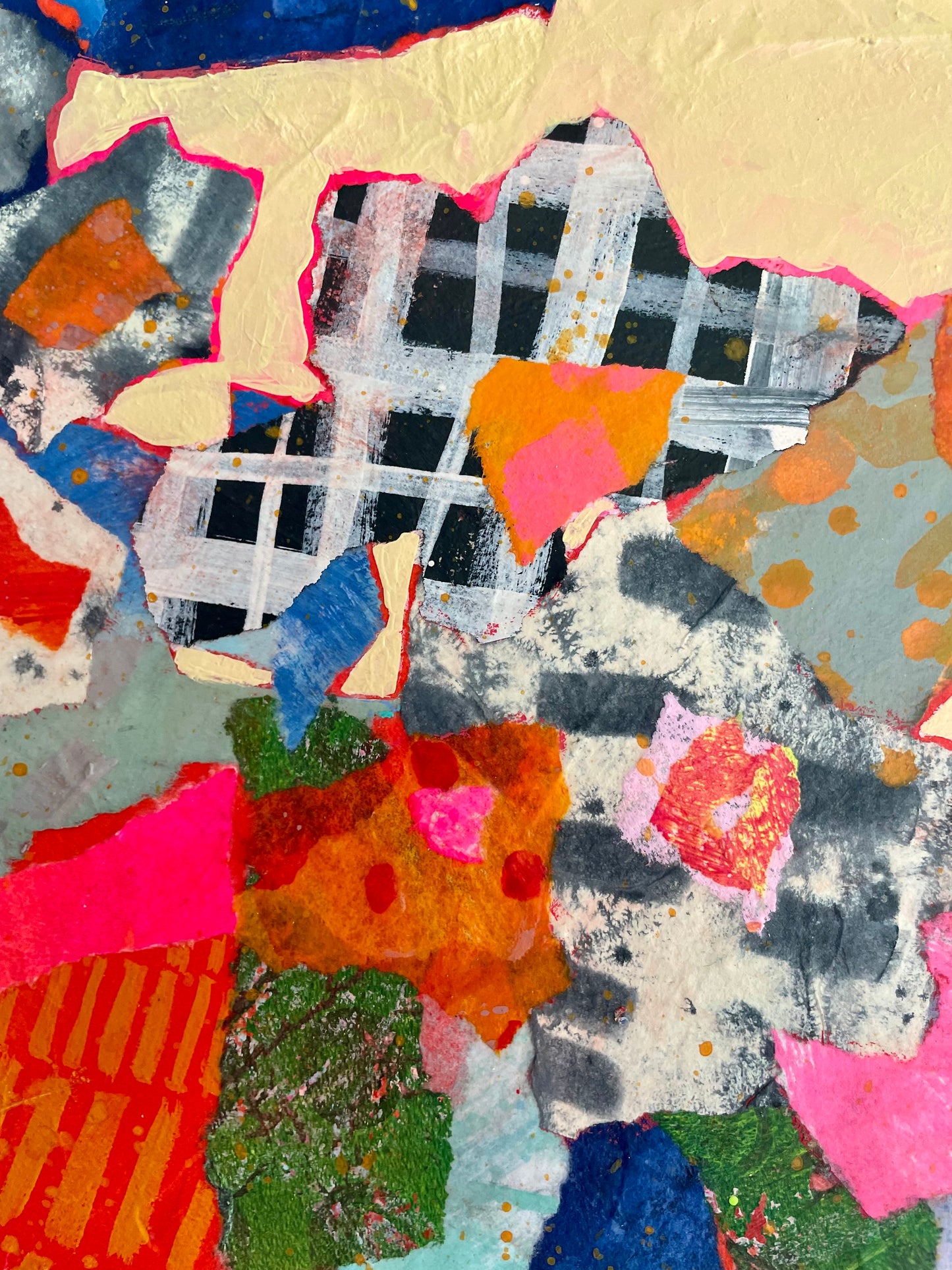 ”Blooming Plaid”  $350 - 12"x 12" mixed media Acrylic and painted papers on canvas