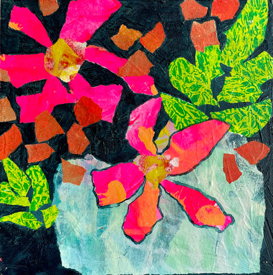 “Neon Pink Daisy Bowl”  $350 - 12"x 12" mixed media Acrylic and painted papers on canvas
