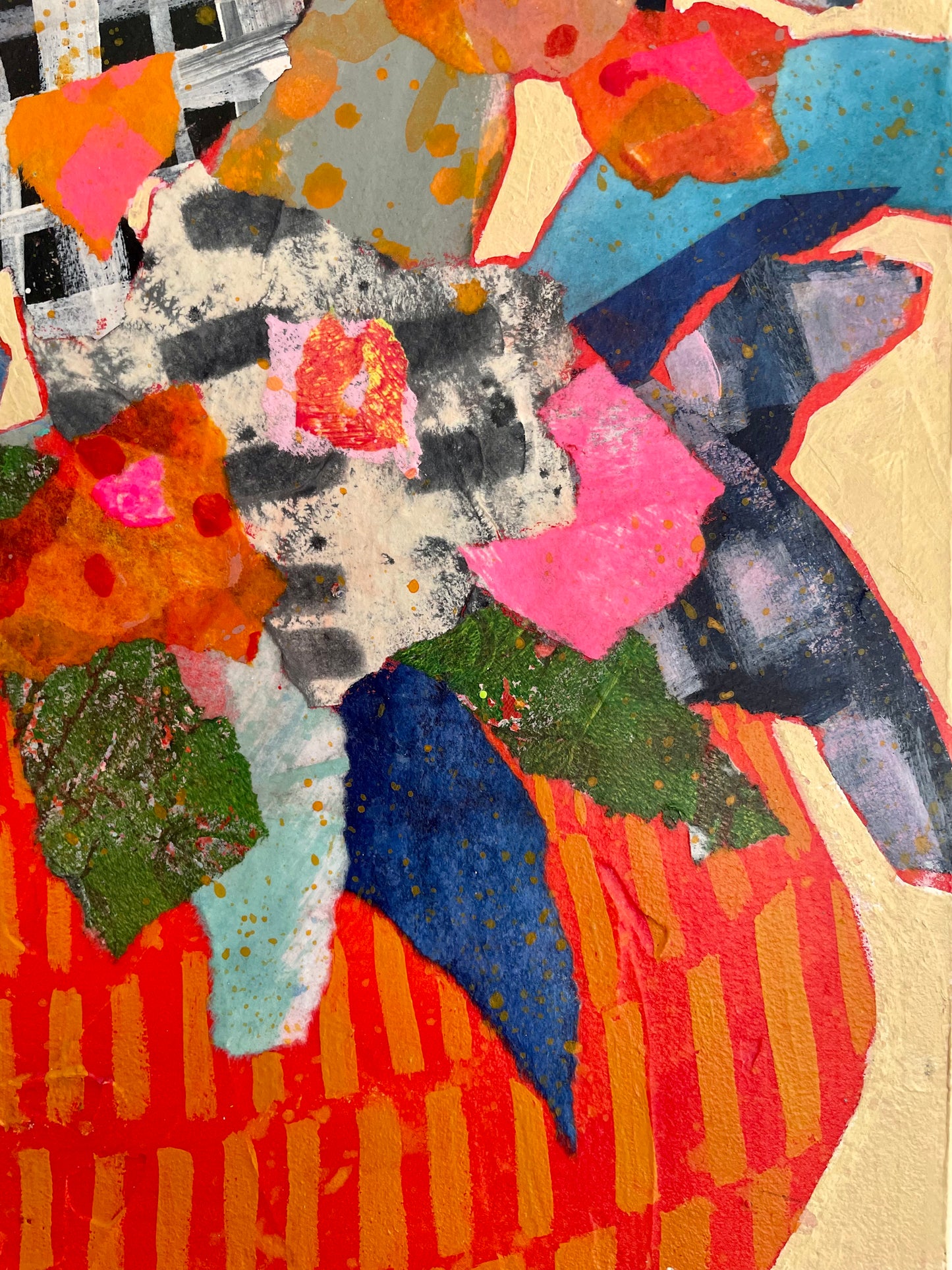 ”Blooming Plaid”  $350 - 12"x 12" mixed media Acrylic and painted papers on canvas