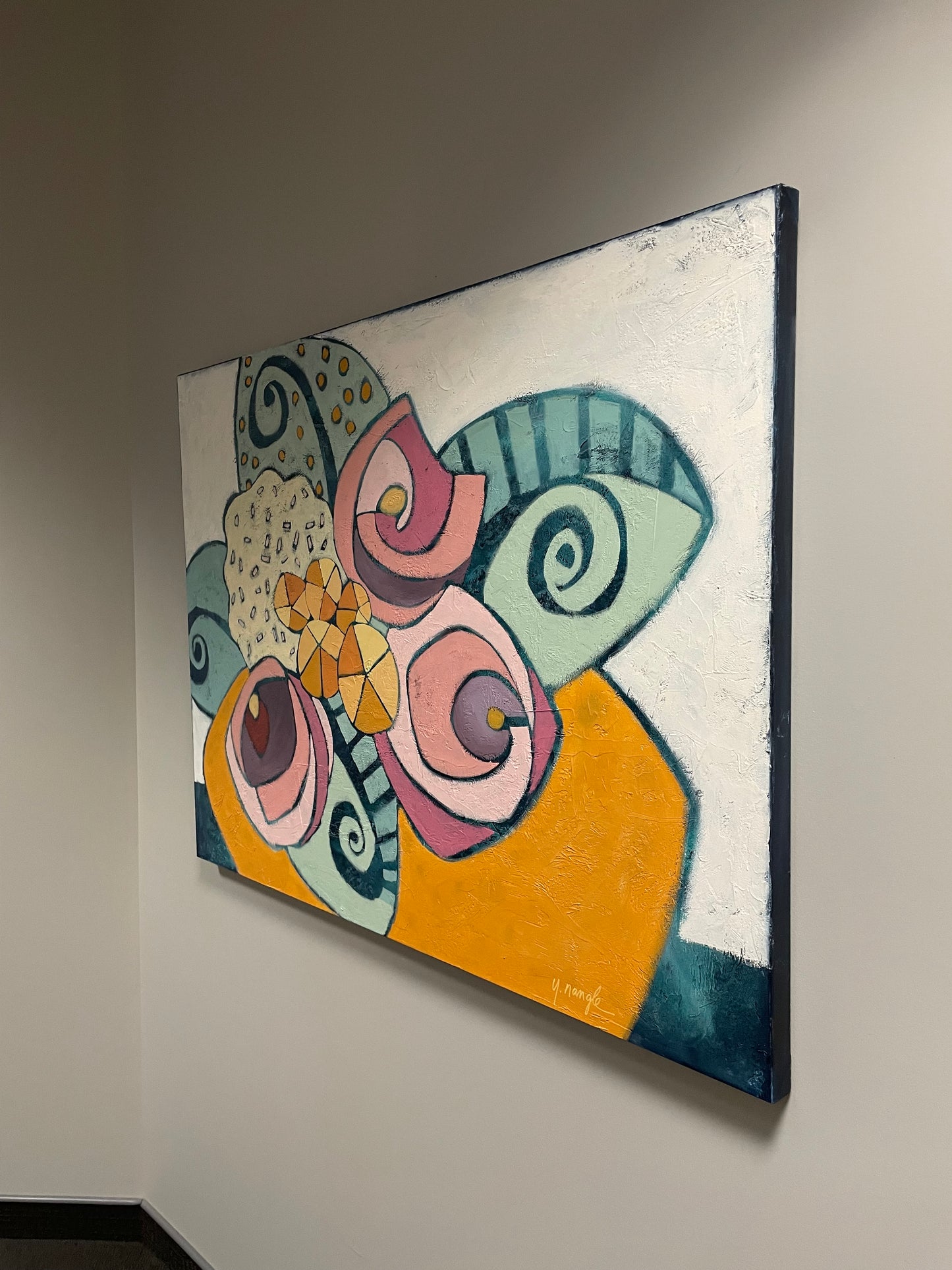 “The Shape of Positive Thoughts” $2200- 48" x 36” Acrylic on gallery depth canvas