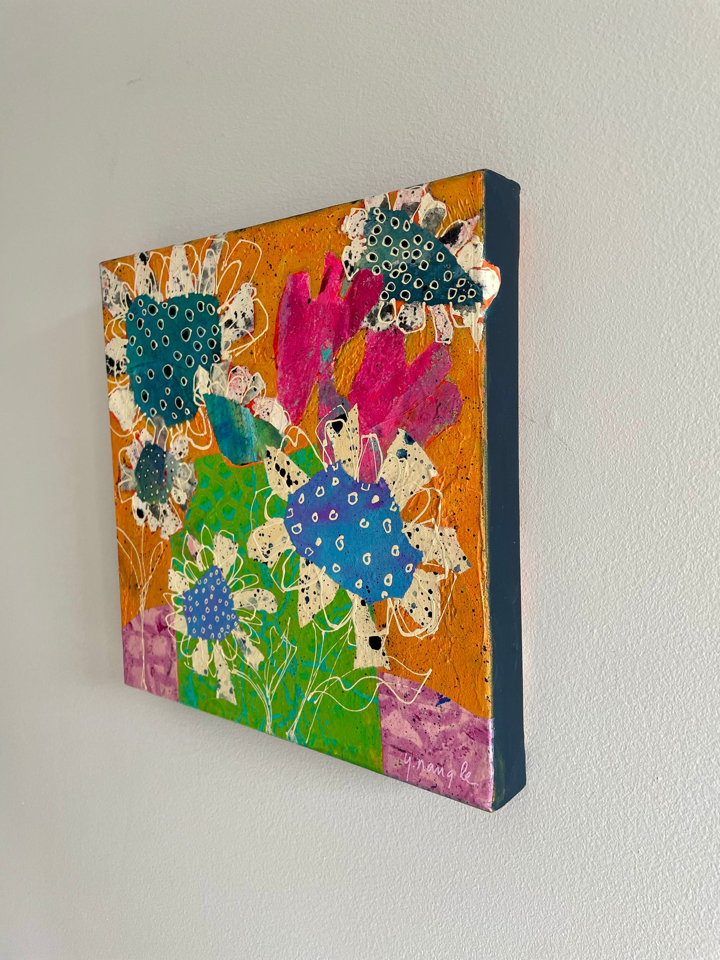 “Too Much Bloom for the Vase”  $350 - 12"x 12" mixed media Acrylic and painted papers on canvas
