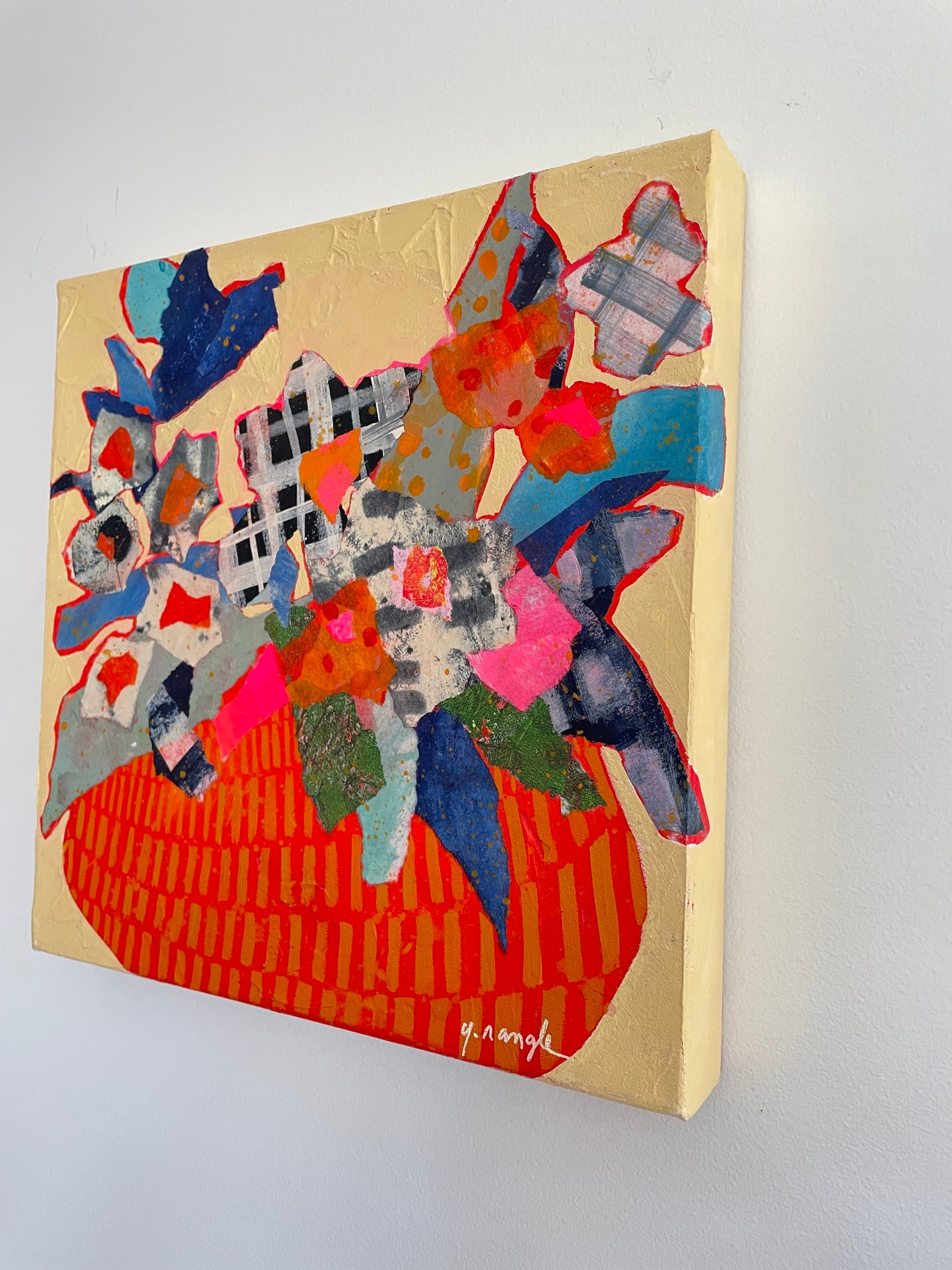”Blooming Plaid”  $350 - 12"x 12" mixed media Acrylic and painted papers on canvas