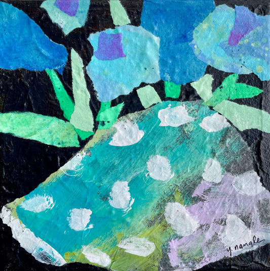 “Blue Mini Bloom”  $65- 6"x 6" mixed media Acrylic and painted papers on canvas