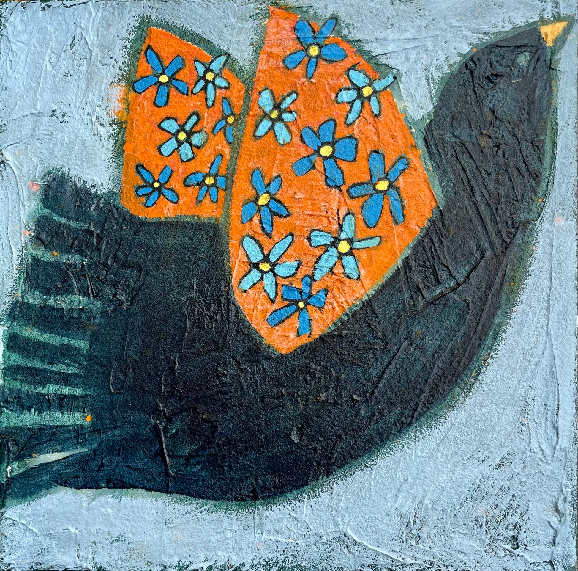 Black Birds Singing abstract blackbird painting with colourful wings by Yvonne Nangle