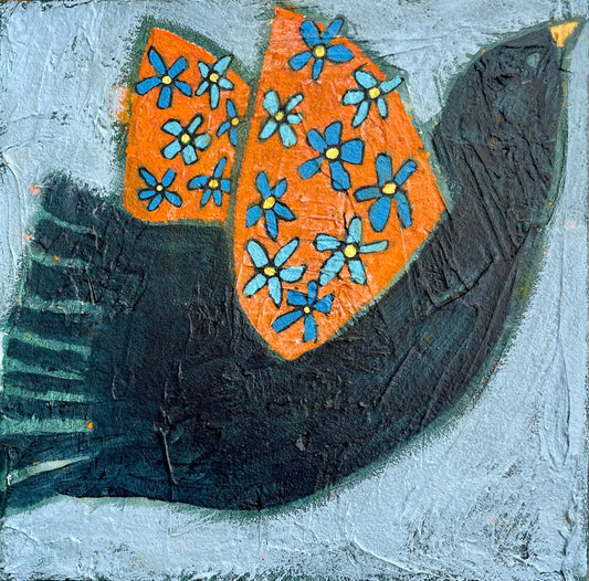 Black Birds Singing abstract blackbird painting with colourful wings by Yvonne Nangle