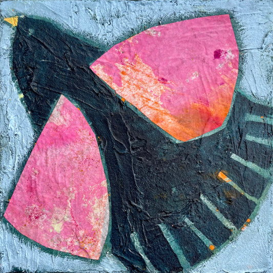 Black Bird Singing abstract blackbird painting with colourful wings by Yvonne Nangle
