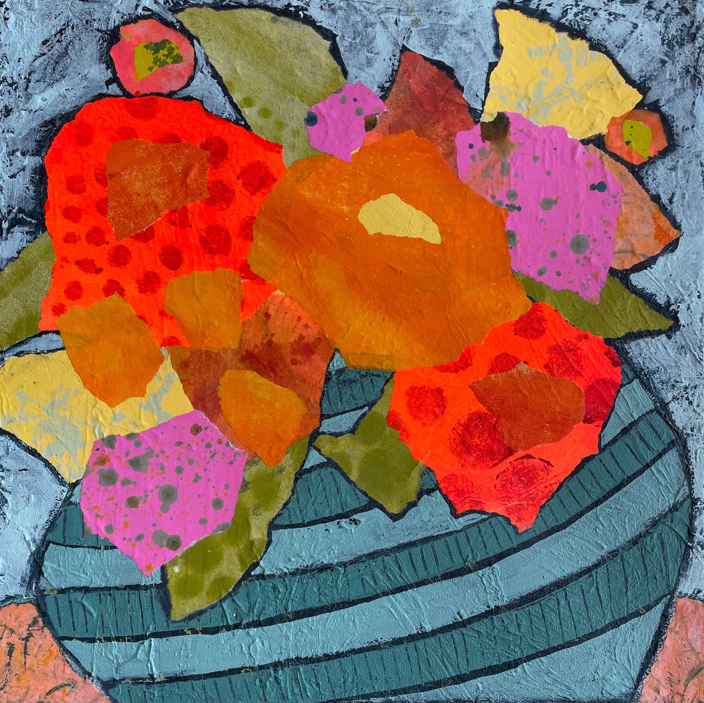 ”Botanical Boogie”  $350 - 12"x 12" mixed media Acrylic and painted papers on canvas