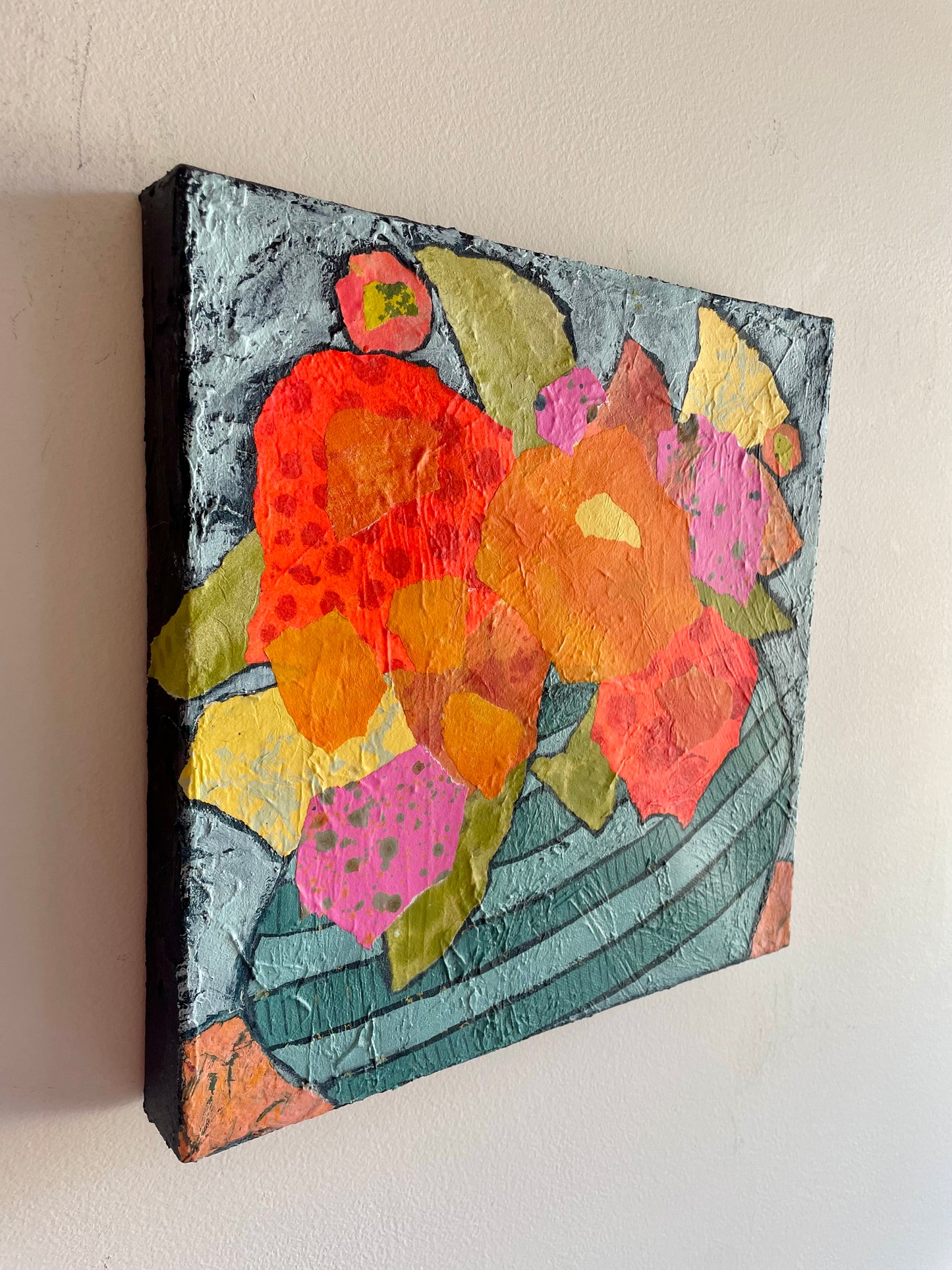 ”Botanical Boogie”  $350 - 12"x 12" mixed media Acrylic and painted papers on canvas