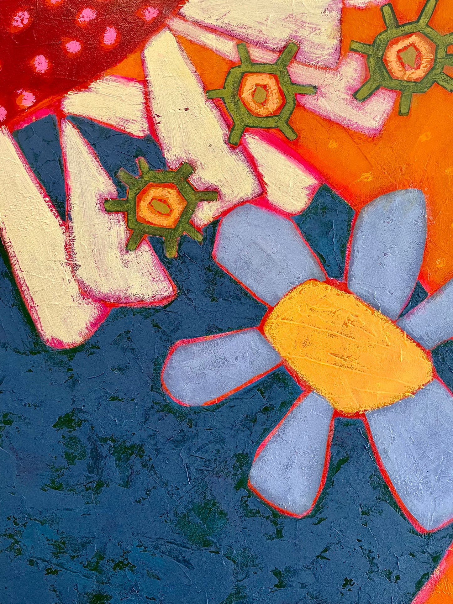 “Daisyness Craziness” $2200 48”x 36”  acrylic on gallery depth canvas