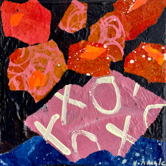 “XOX Mini Bloom”  $65- 6"x 6" mixed media Acrylic and painted papers on canvas