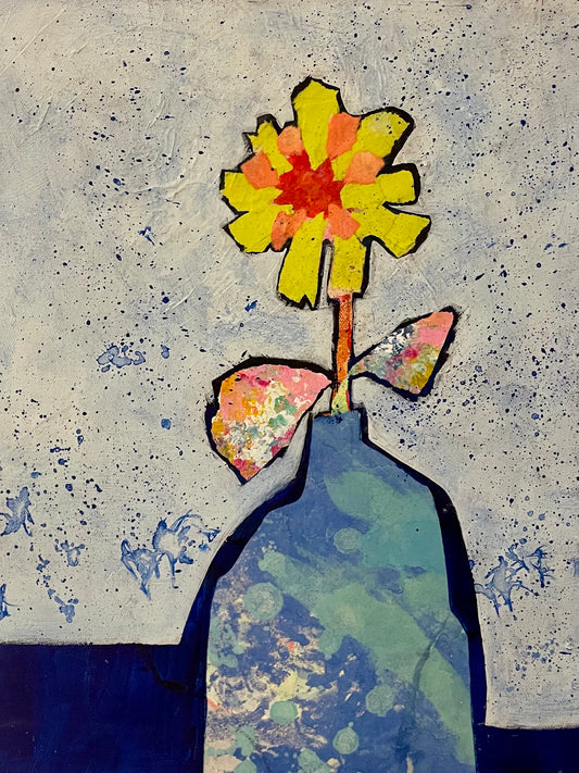 “Double Daisy in the Blue Vase” 14”x 18” $545 painted paper collage on gallery depth canvas