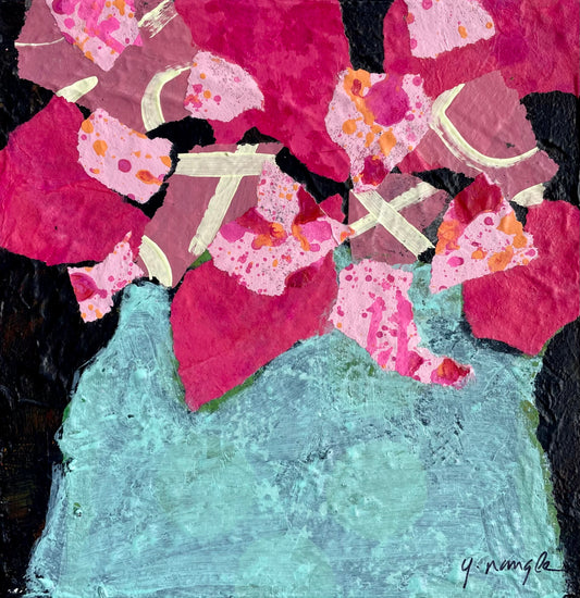 “Pink Mini Bloom”  $65- 6"x 6" mixed media Acrylic and painted papers on canvas